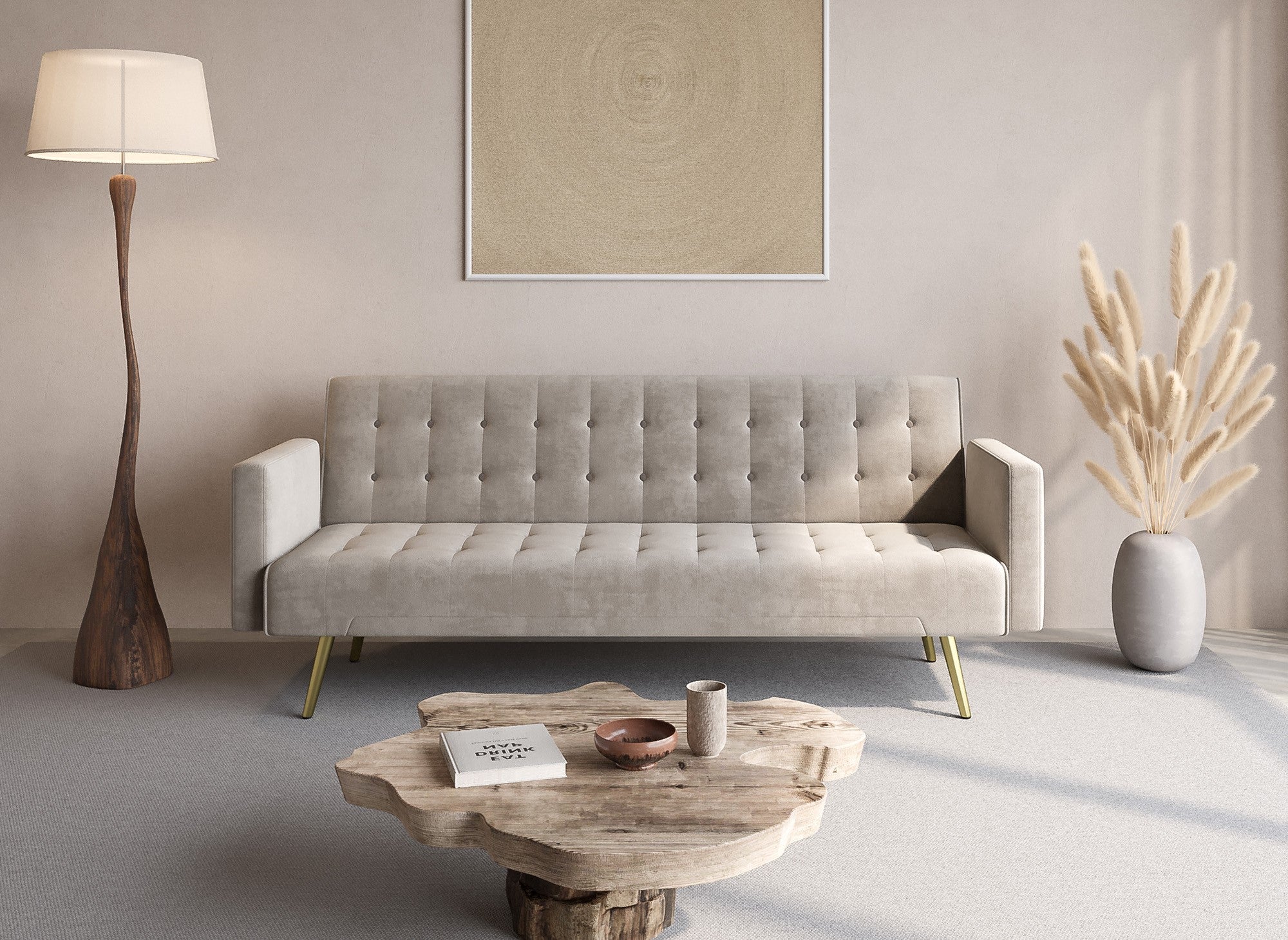 CHICAGO Schlafsofa aus beigefarbenem Samt mit goldenen Metallbeinen