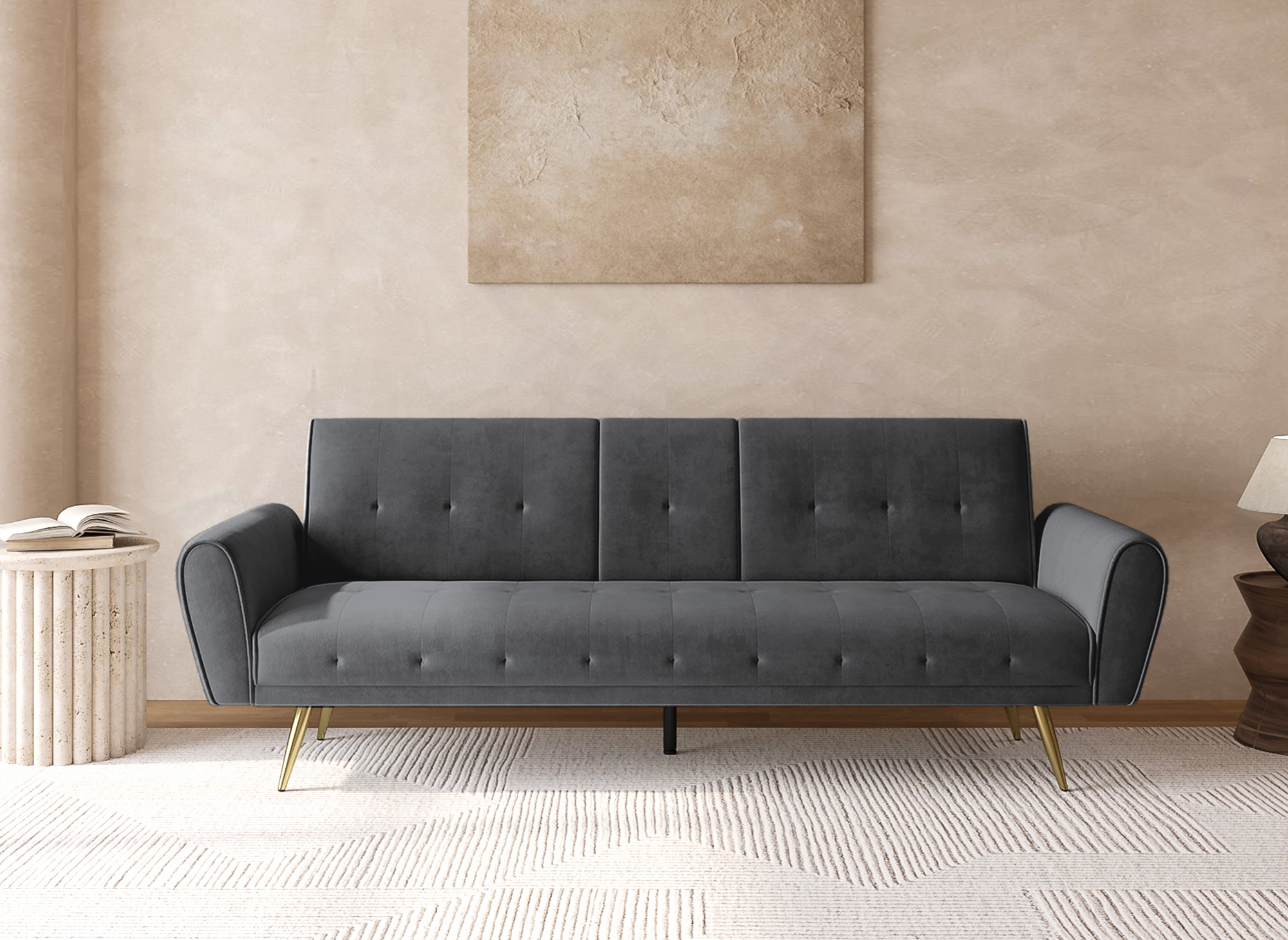 LIMA dunkelgraues Samtschlafsofa mit Getränkehalter