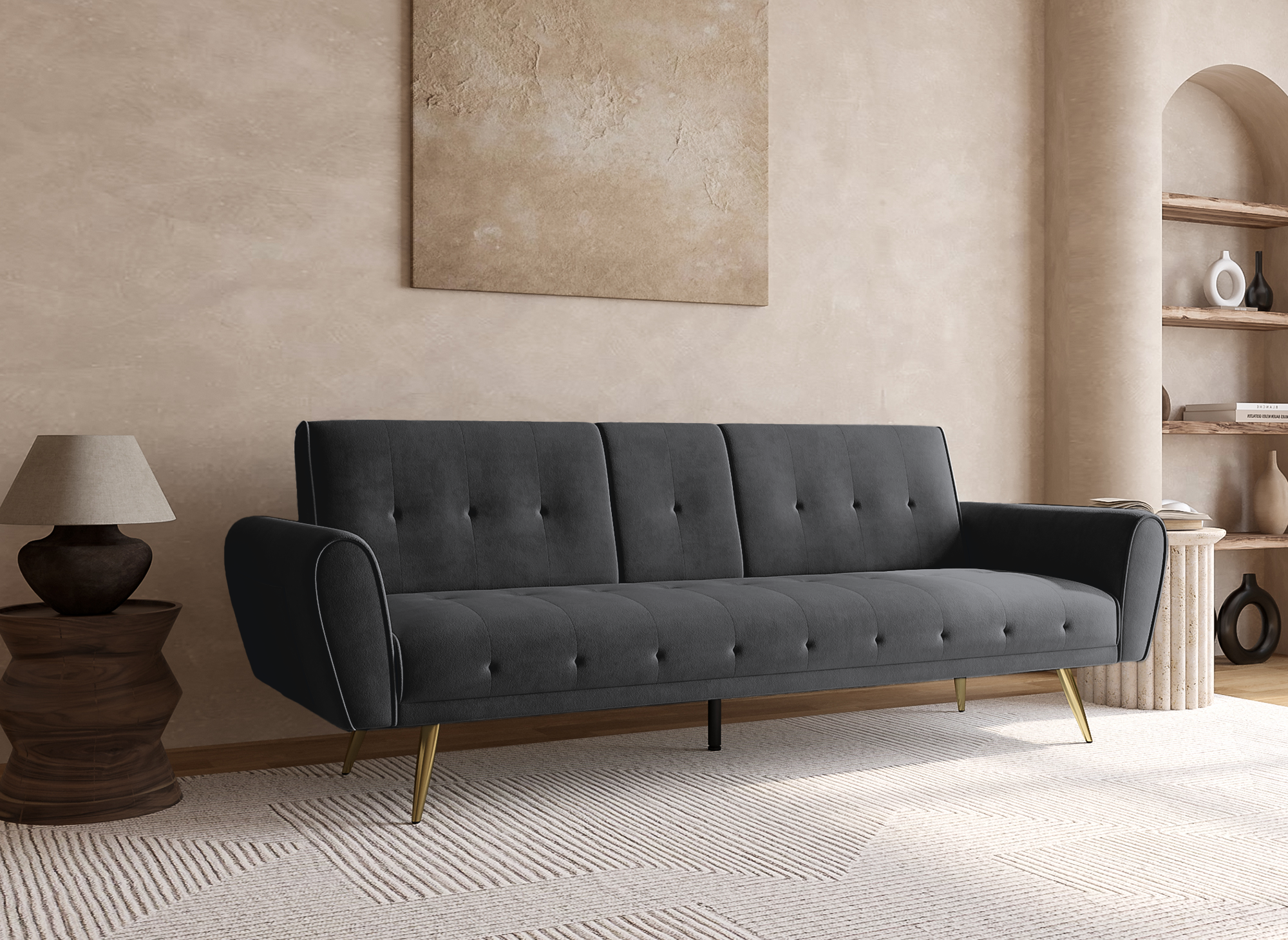 LIMA dunkelgraues Samtschlafsofa mit Getränkehalter