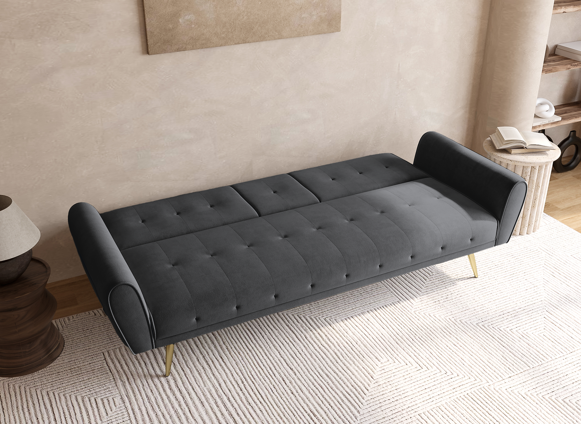 LIMA dunkelgraues Samtschlafsofa mit Getränkehalter