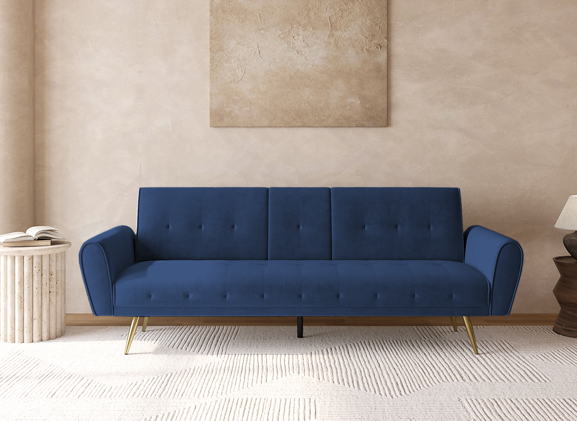 LIMA dunkelblaues Samtschlafsofa mit Getränkehalter