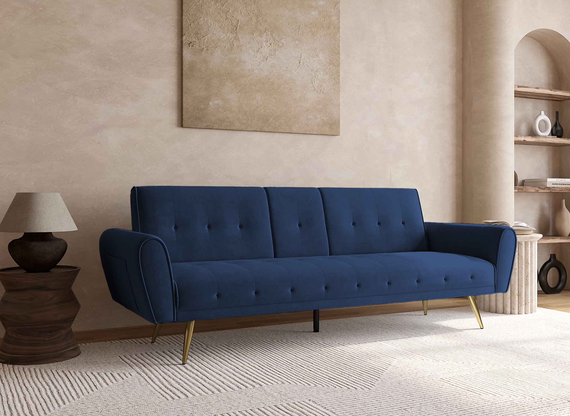 LIMA dunkelblaues Samtschlafsofa mit Getränkehalter