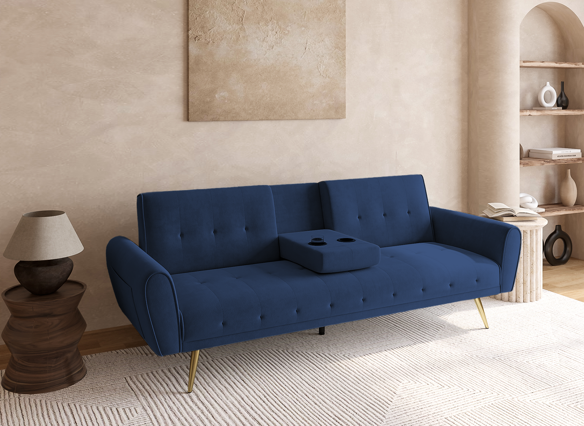 LIMA dunkelblaues Samtschlafsofa mit Getränkehalter