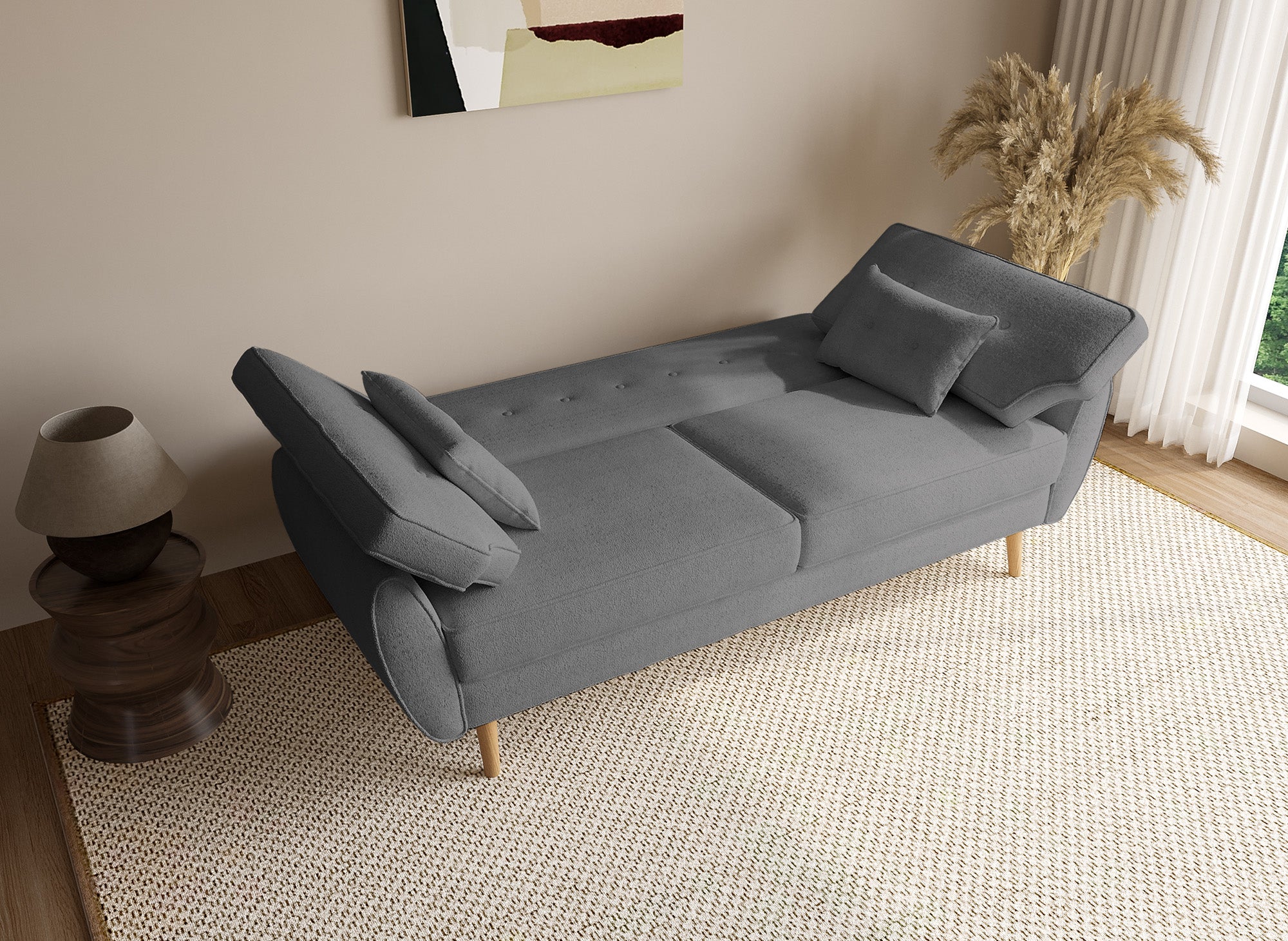 PANAMA graues Frottee-Schlafsofa mit Holzbeinen