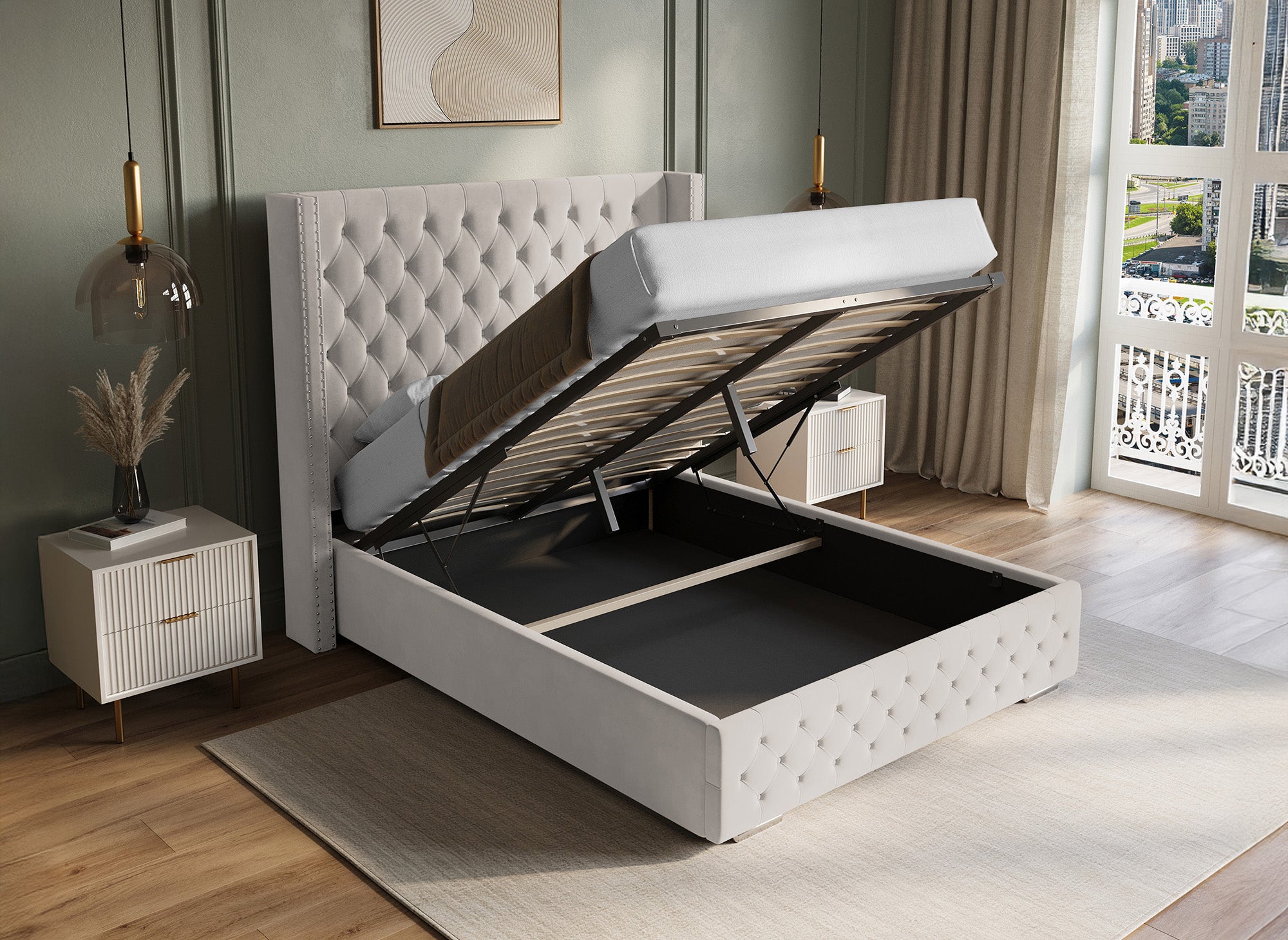 Beiges Samtbett mit Stauraum 140x190 cm MAXI