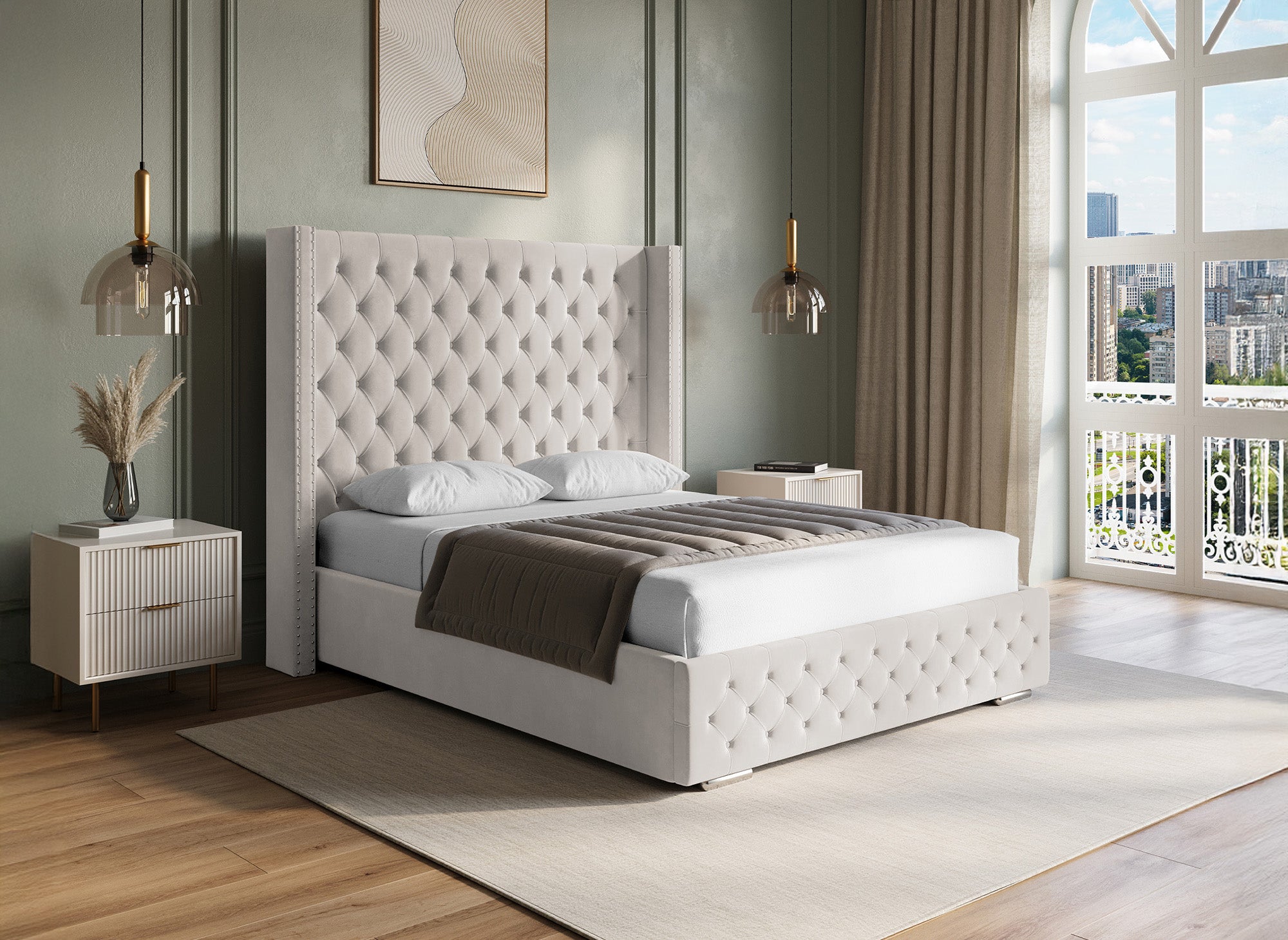 Beiges Samtbett mit Stauraum 140x190 cm MAXI