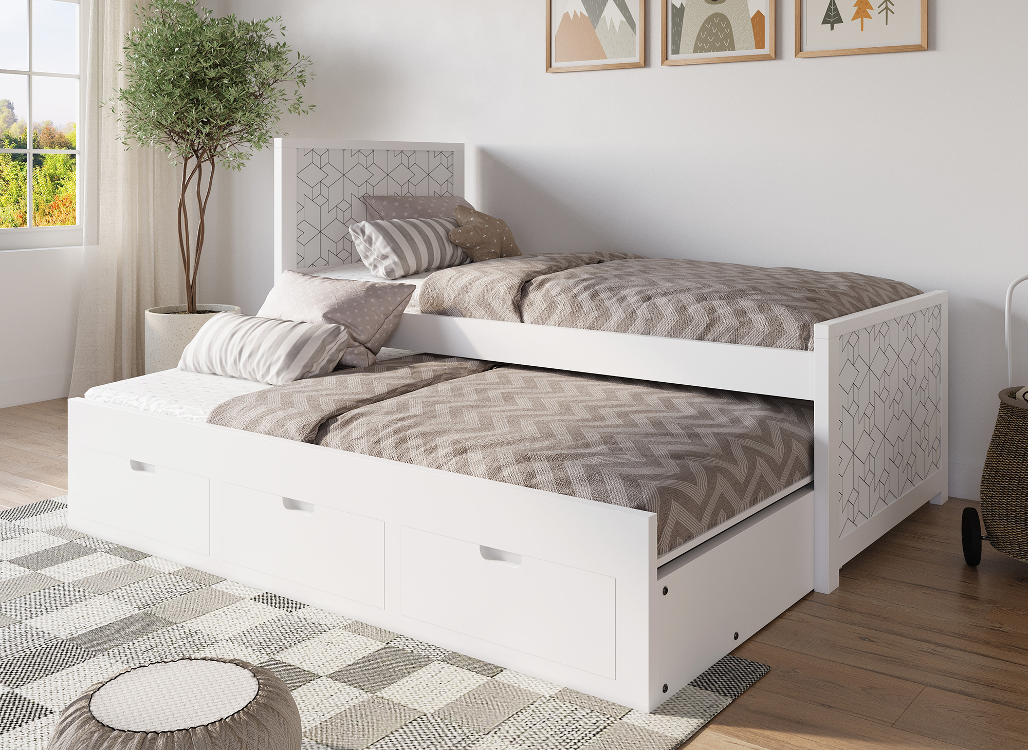 ENORA weißes Ausziehbett aus Holz mit Schubladen 90 x 190 cm