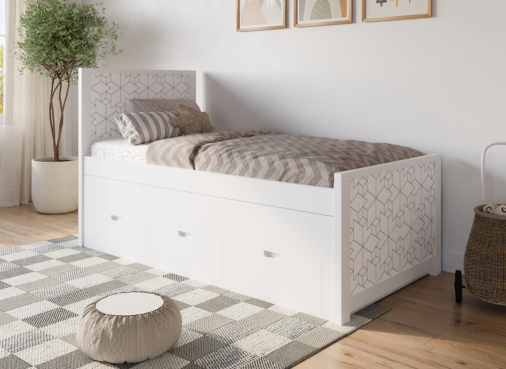 ENORA weißes Ausziehbett aus Holz mit Schubladen 90 x 190 cm