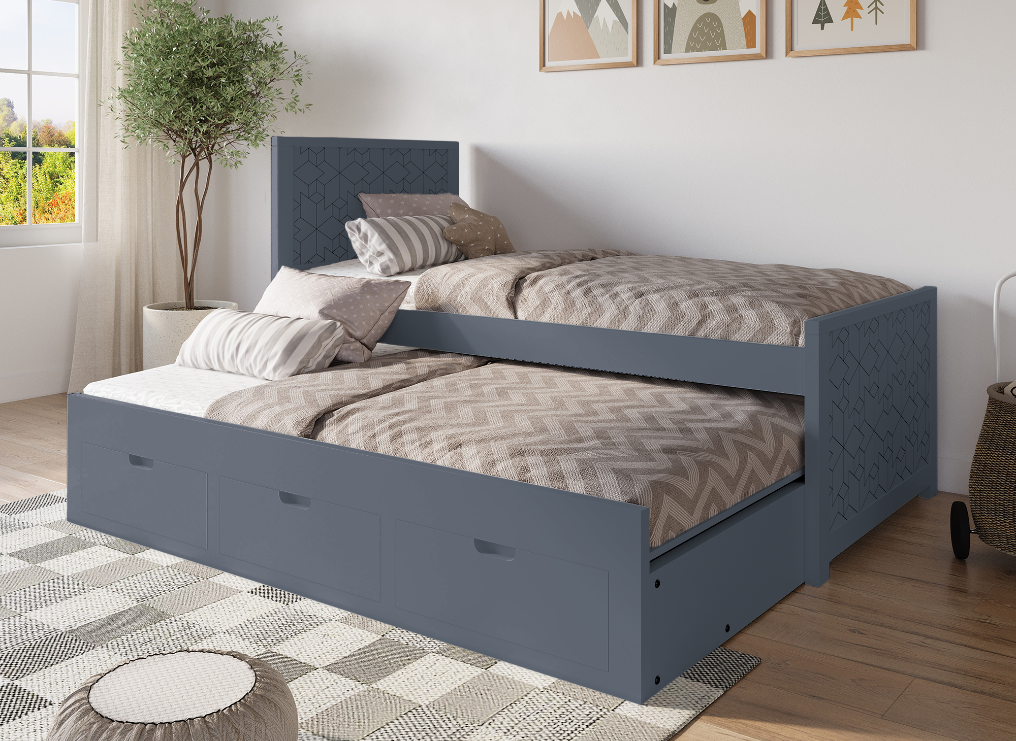 ENORA Ausziehbett aus grauem Holz mit Schubladen 90 x 190 cm
