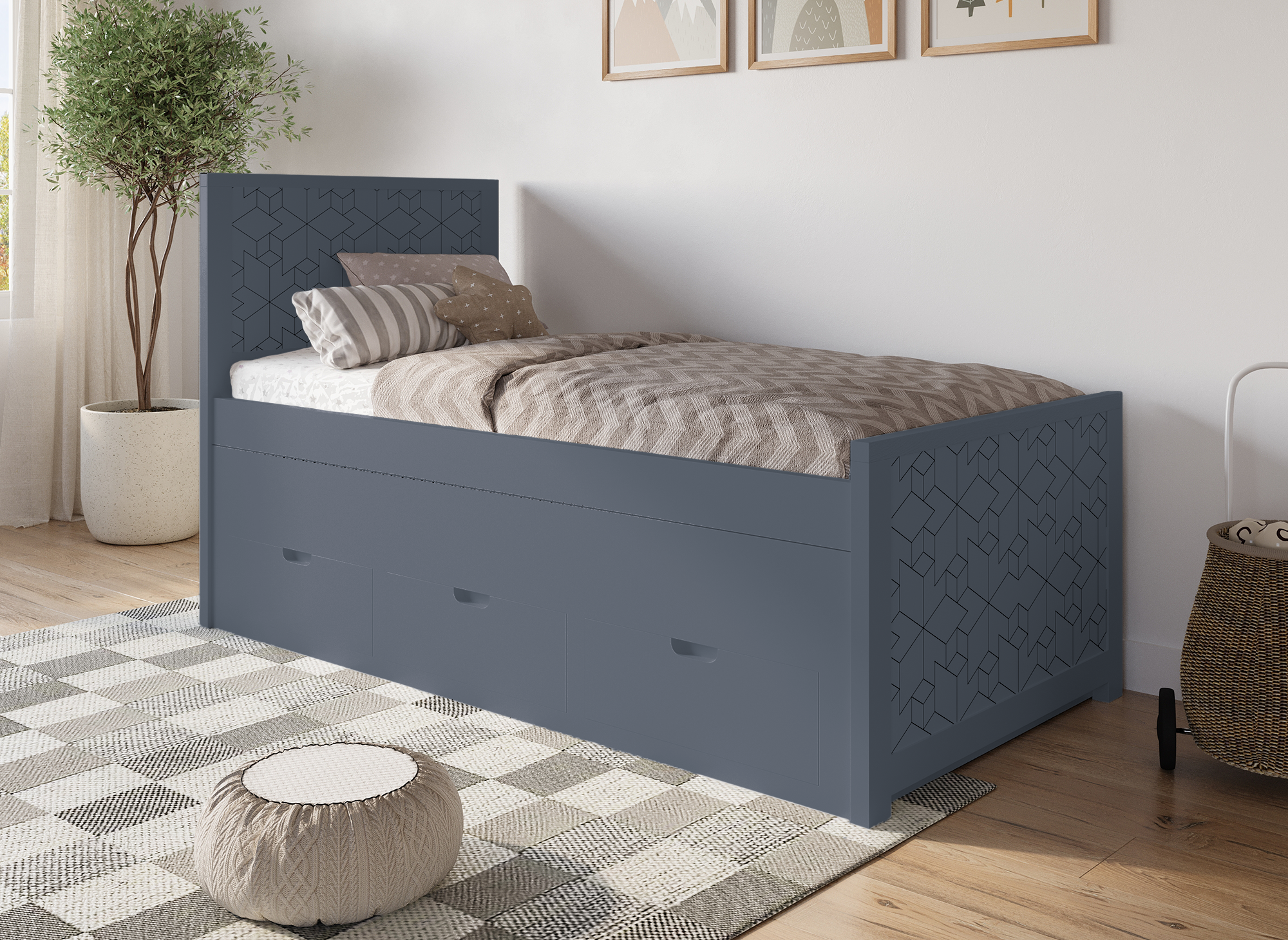 ENORA Ausziehbett aus grauem Holz mit Schubladen 90 x 190 cm