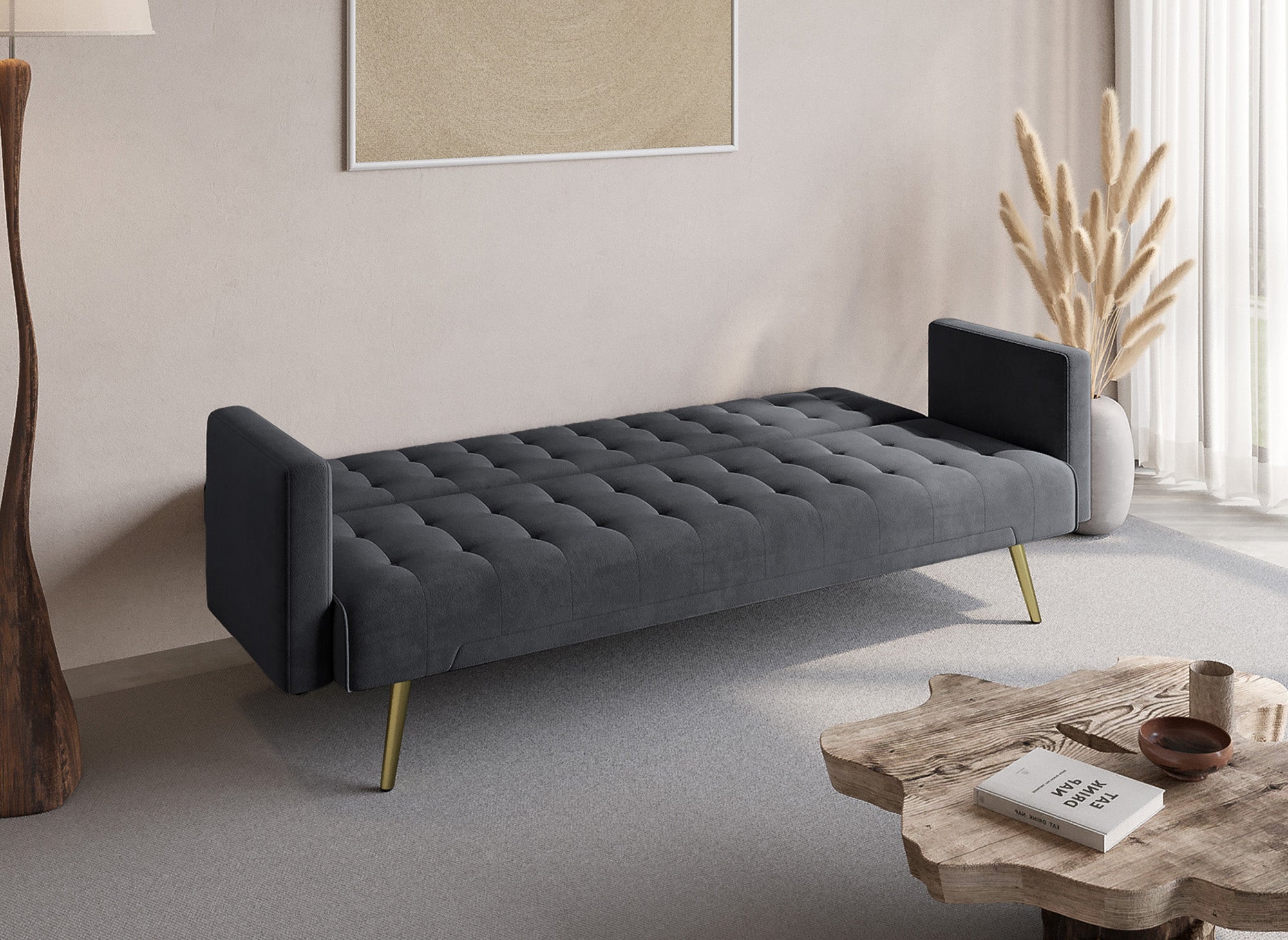 CHICAGO dunkelgraues Samtschlafsofa mit goldenen Metallbeinen