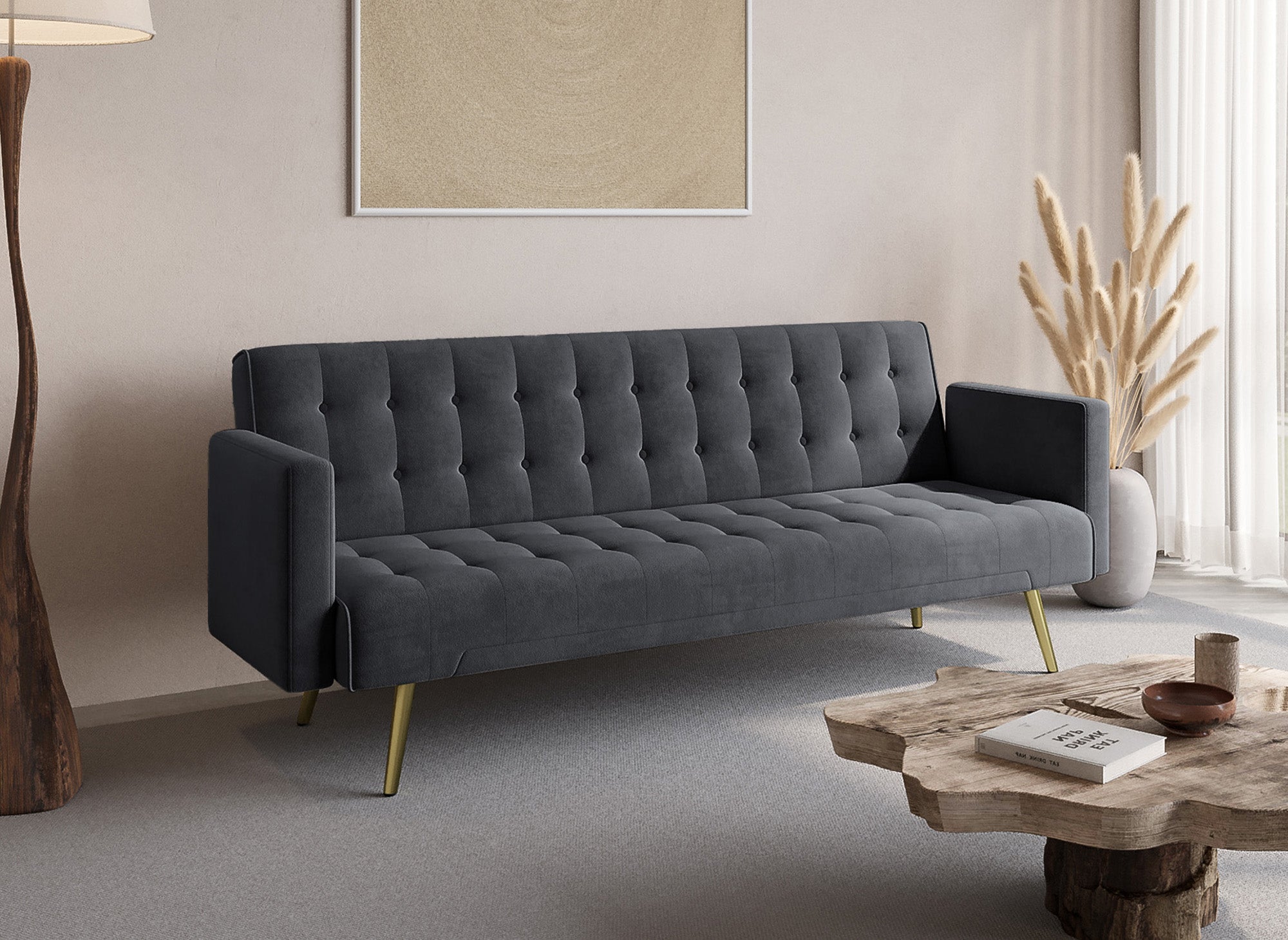 CHICAGO dunkelgraues Samtschlafsofa mit goldenen Metallbeinen