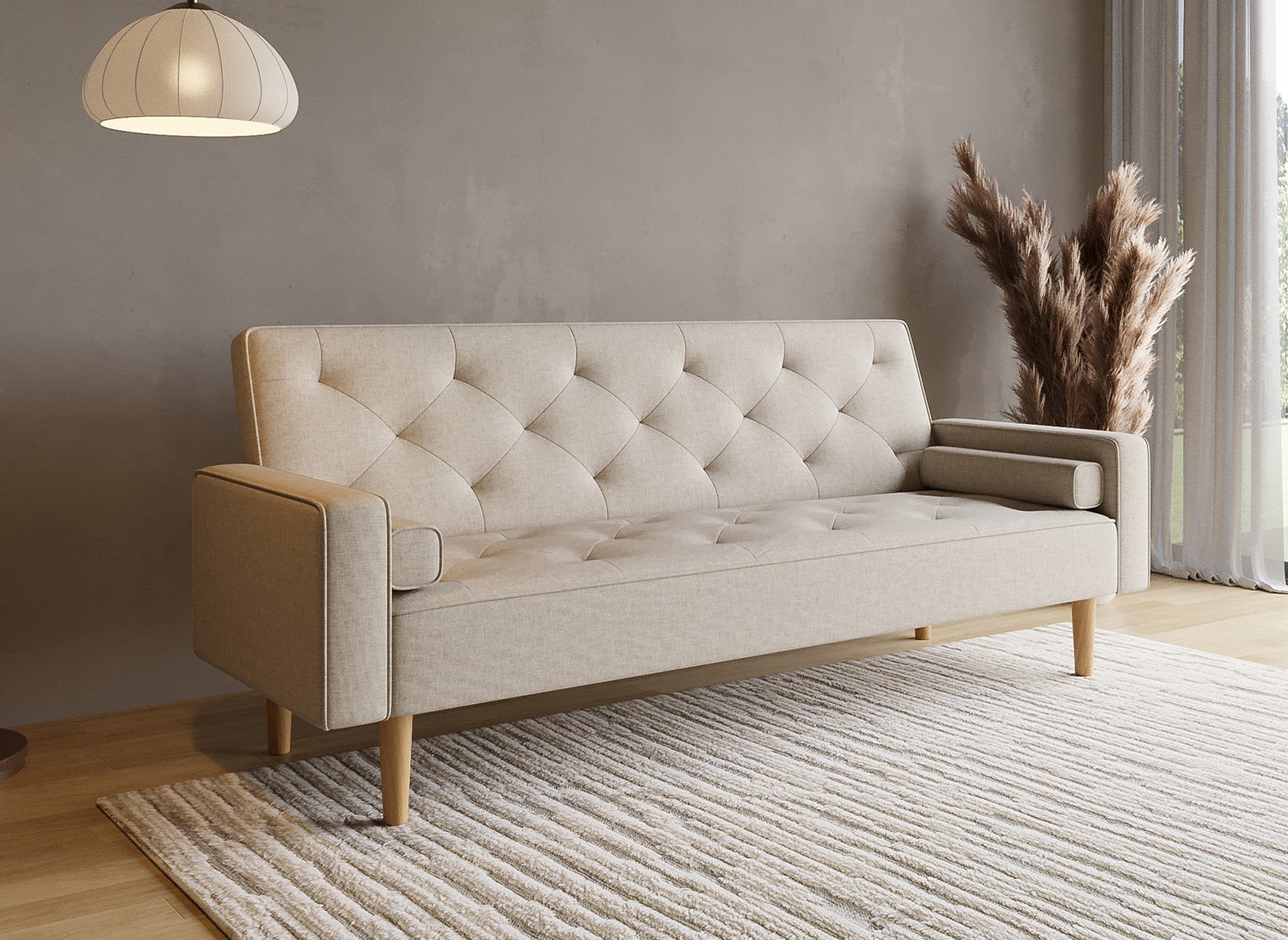 Beiges Stoffschlafsofa mit Holzbeinen JAKARTA