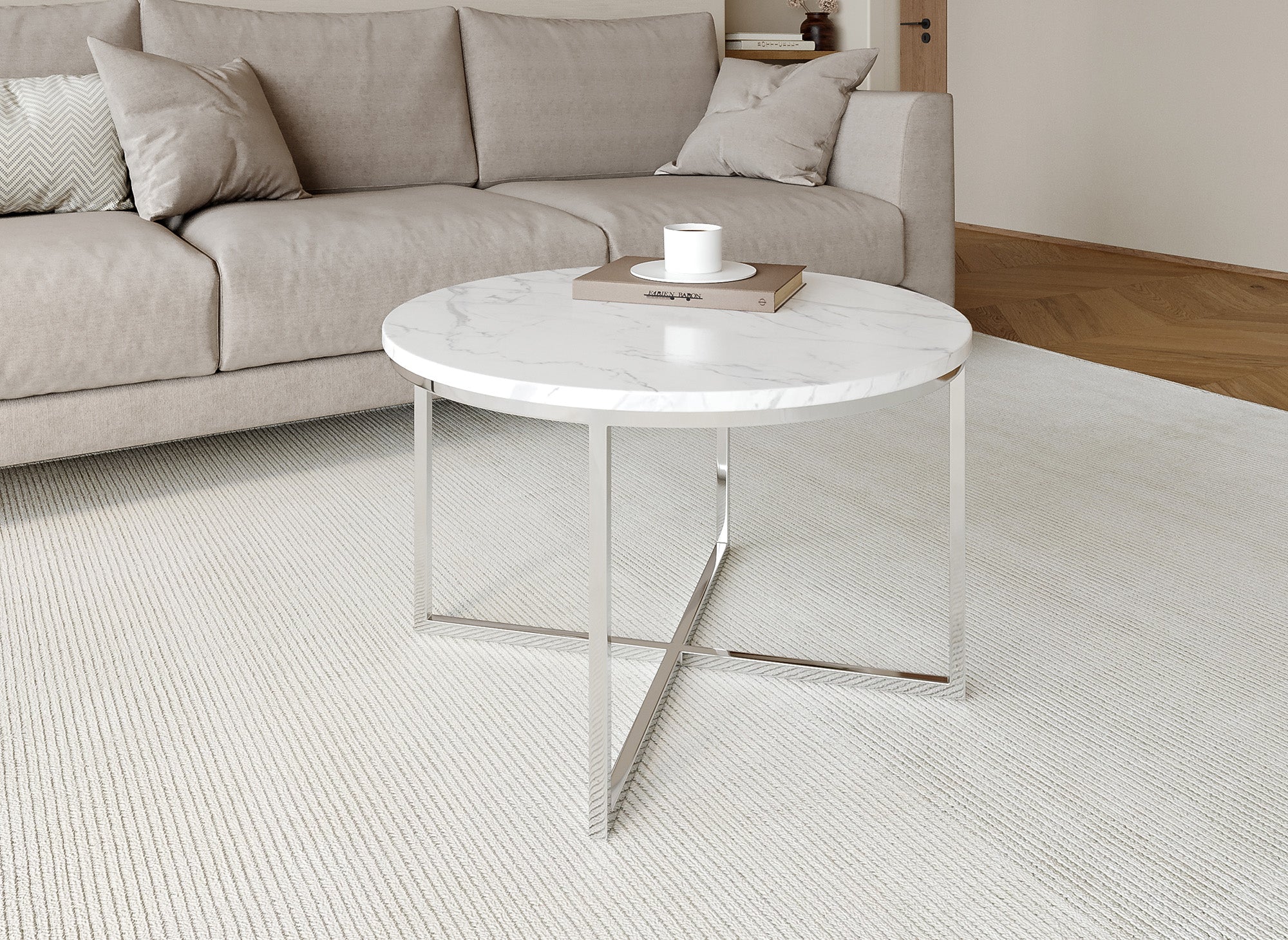 ROYCE runder Couchtisch in Marmoroptik mit Chrombeinen