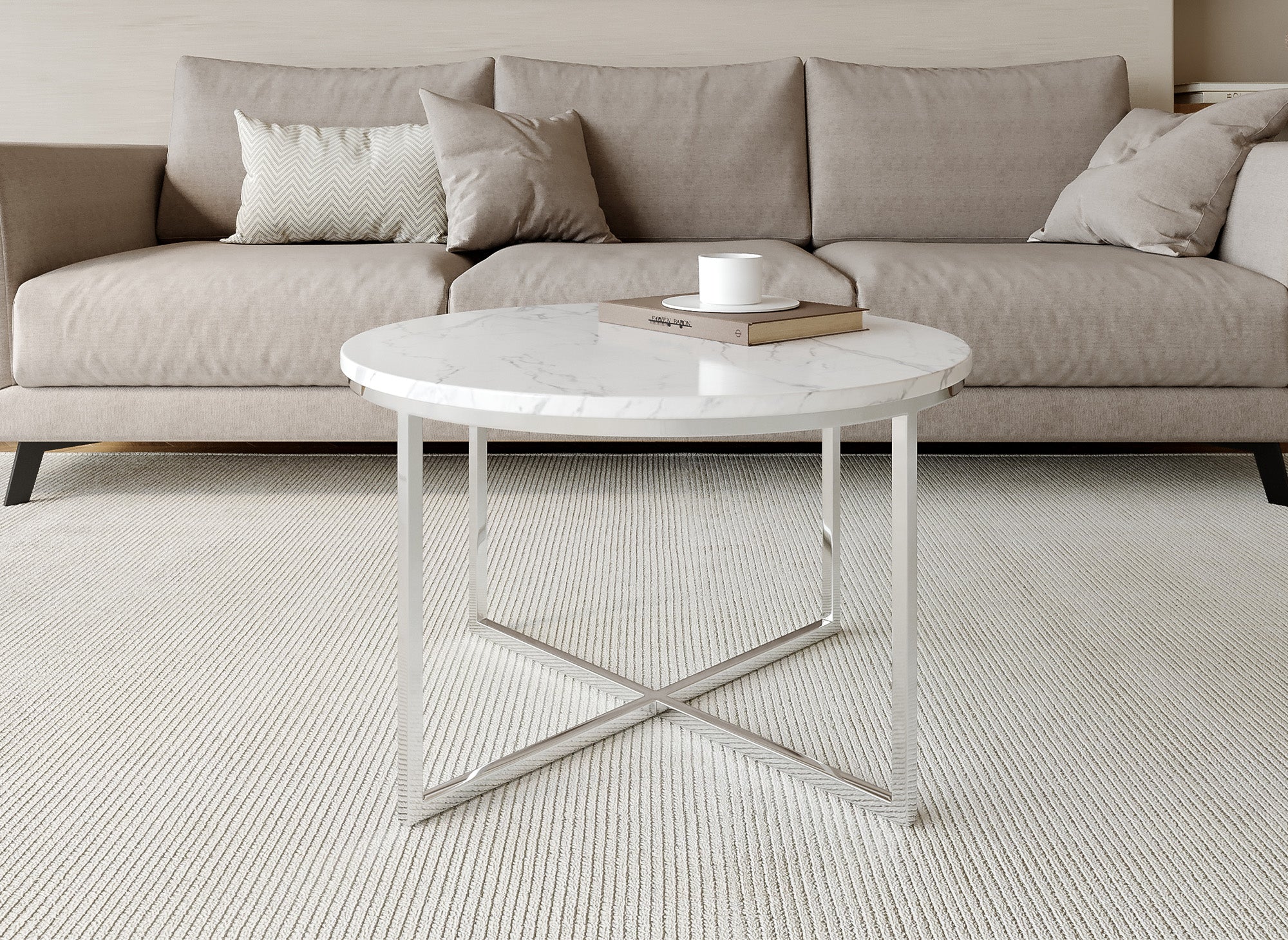 ROYCE runder Couchtisch in Marmoroptik mit Chrombeinen