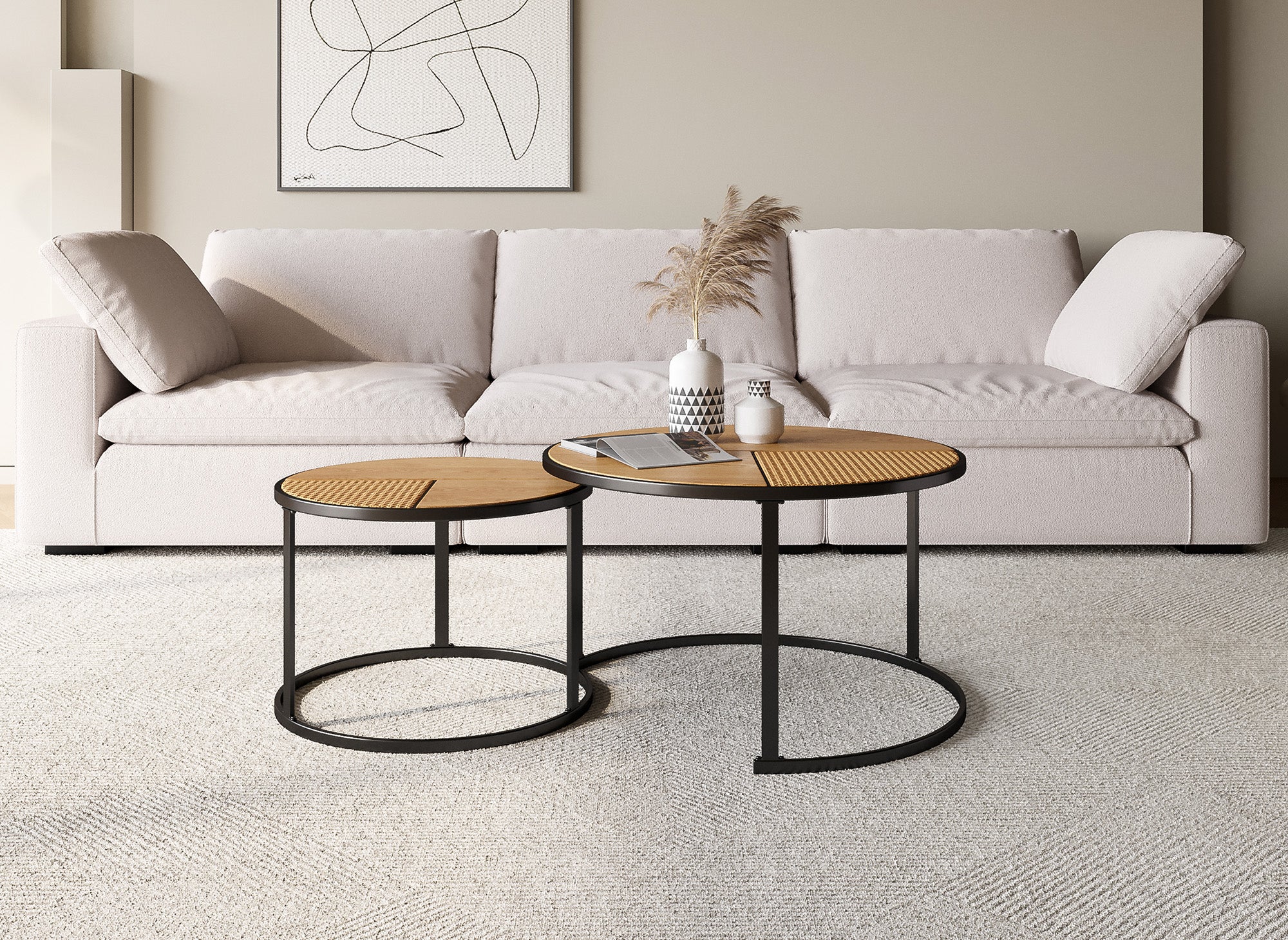 2er-Set JOTA runder Couchtische in Rattanoptik