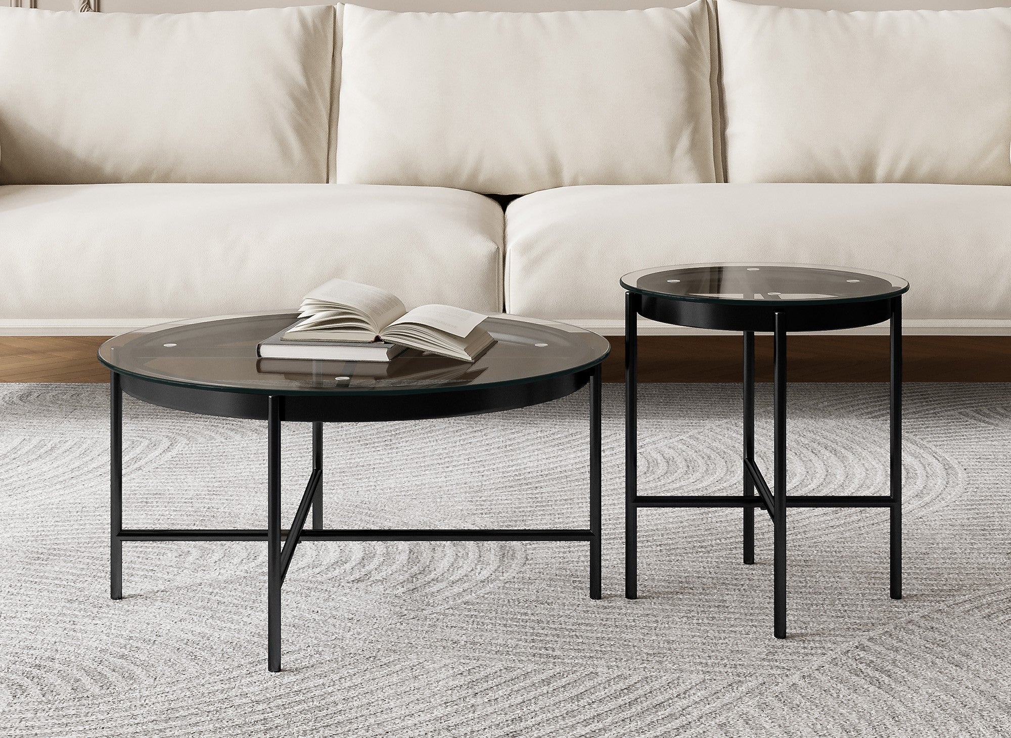 2er-Set runde Couchtische MARZIO aus Glas und Metall