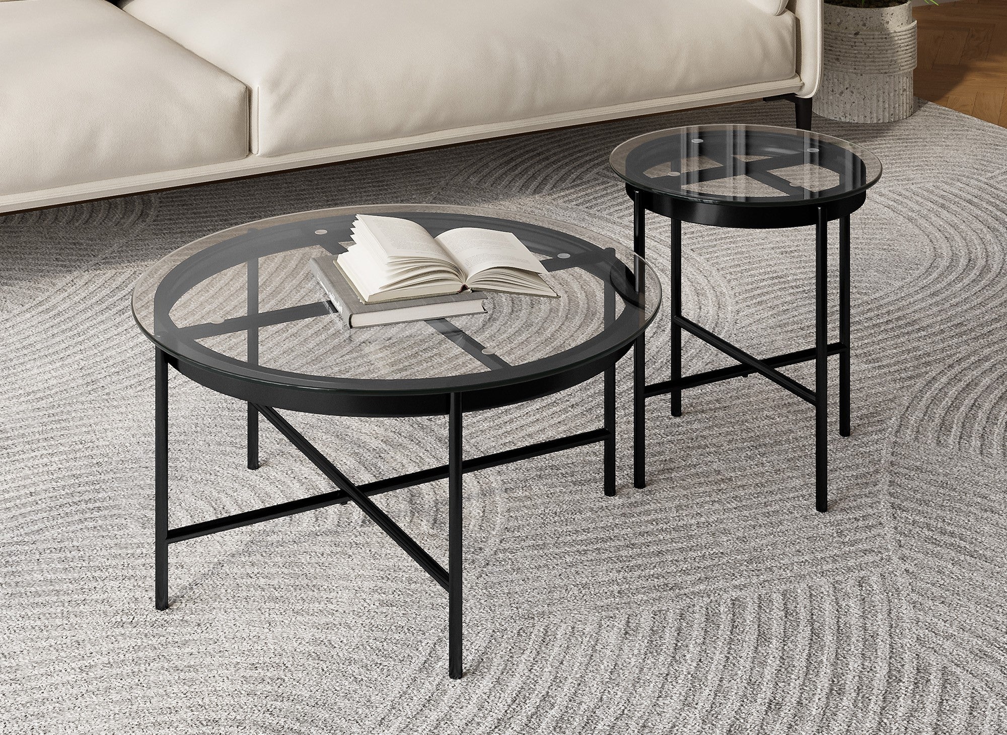 2er-Set runde Couchtische MARZIO aus Glas und Metall
