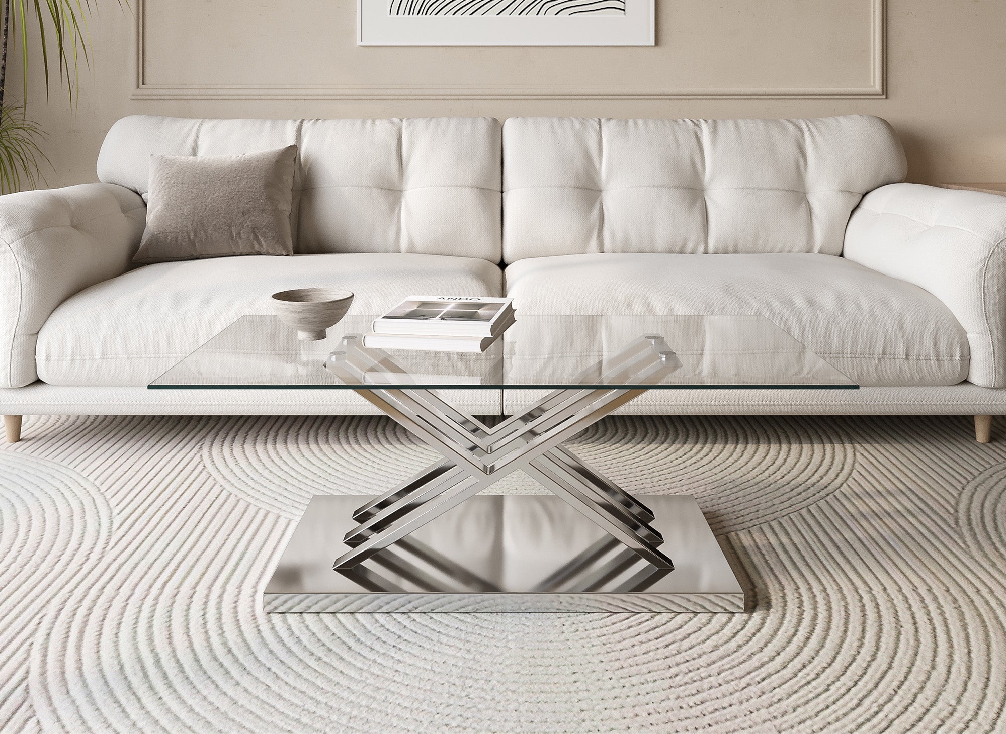 Rechteckiger Designer-Couchtisch NELLA mit silbernen geometrischen Beinen