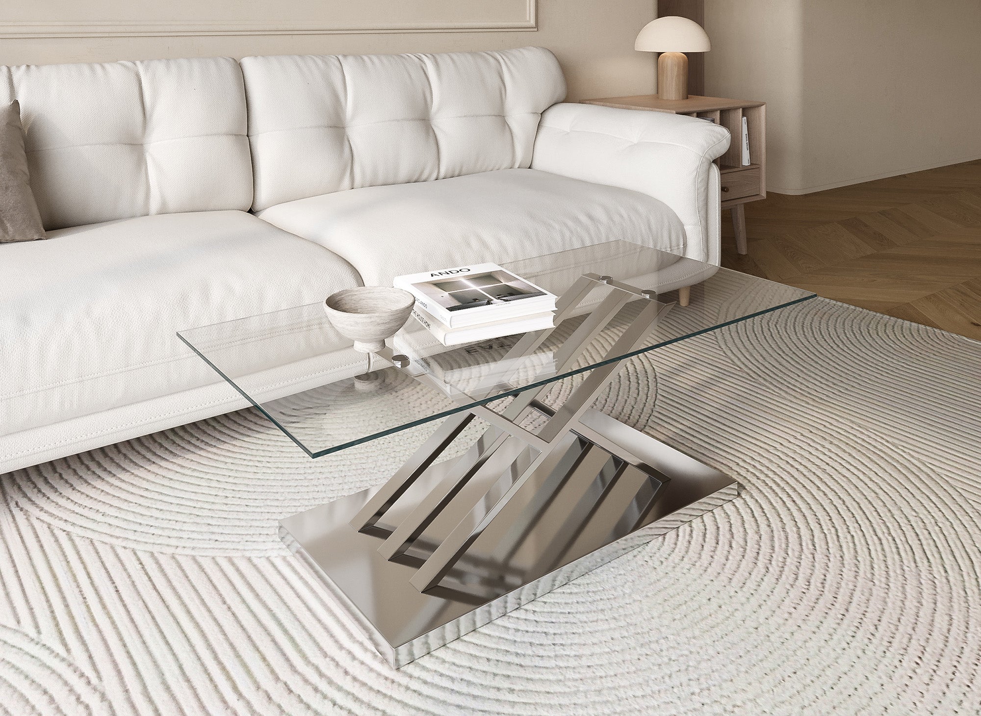 Rechteckiger Designer-Couchtisch NELLA mit silbernen geometrischen Beinen