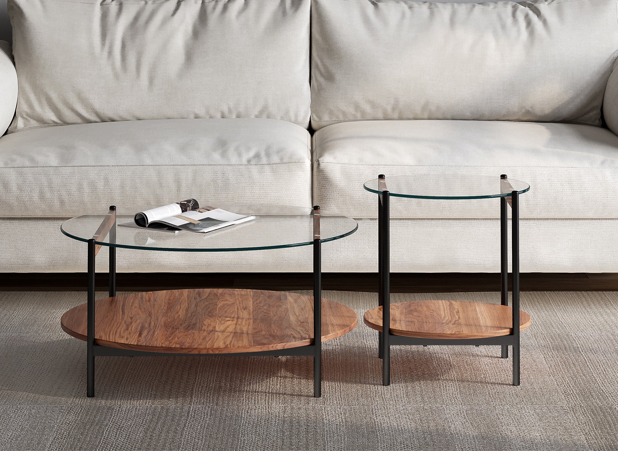 2er-Set runde Couchtische aus Glas, Holz und Metall RIZZO