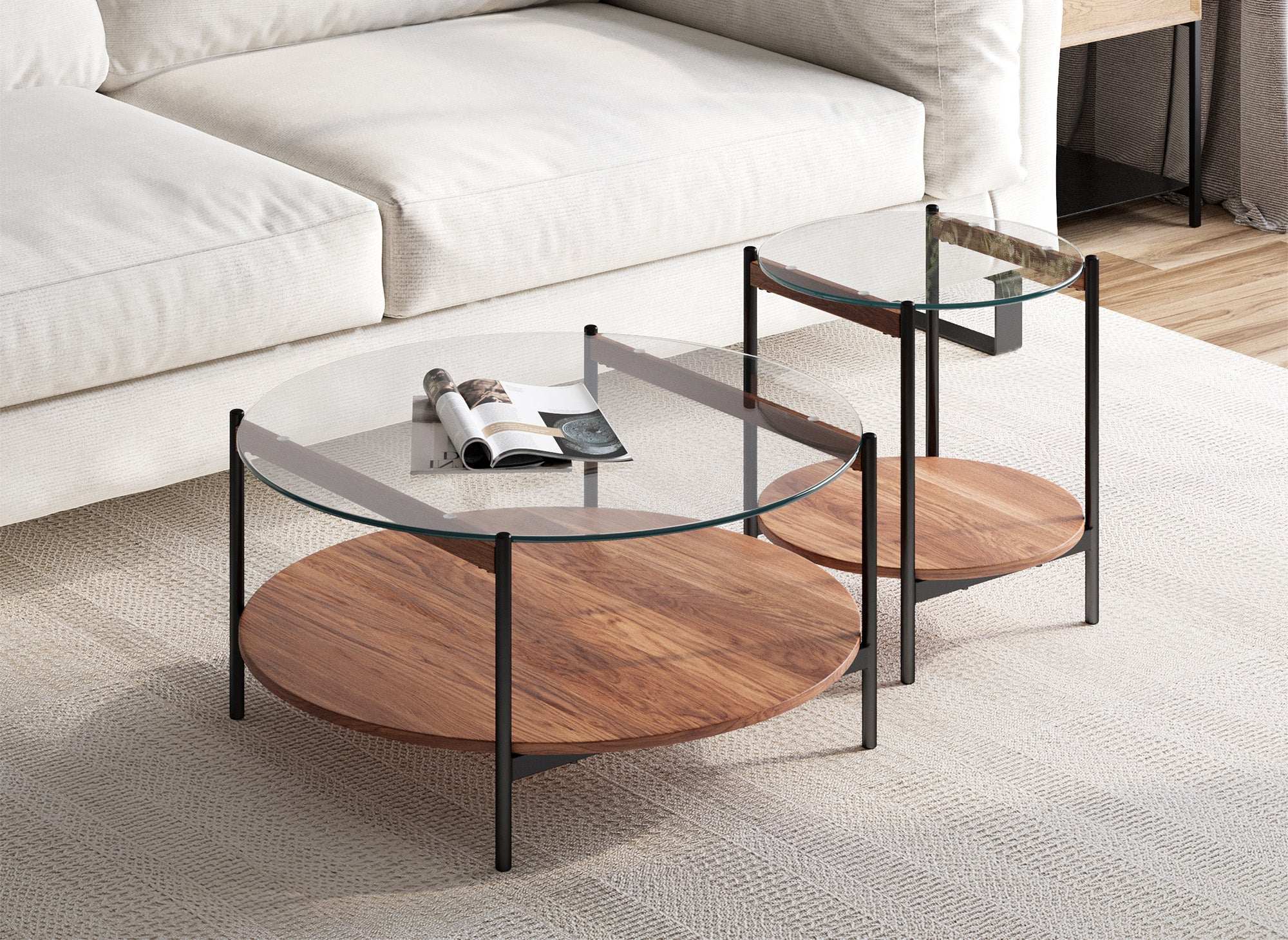 2er-Set runde Couchtische aus Glas, Holz und Metall RIZZO
