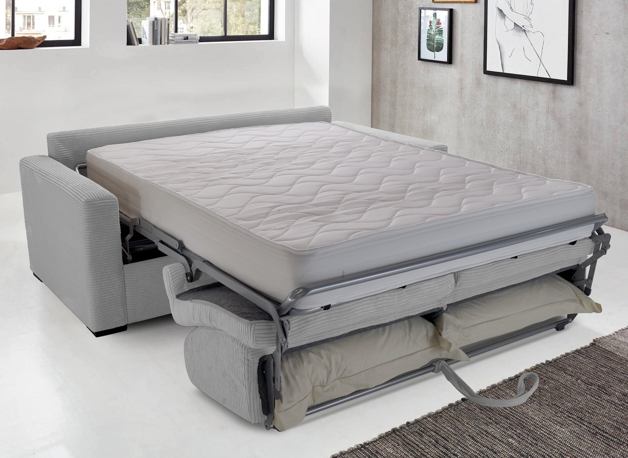 LOUNA LUXE 3-Sitzer-Schlafsofa aus hellgrauem Cord mit Expressöffnung und 18 cm Matratze