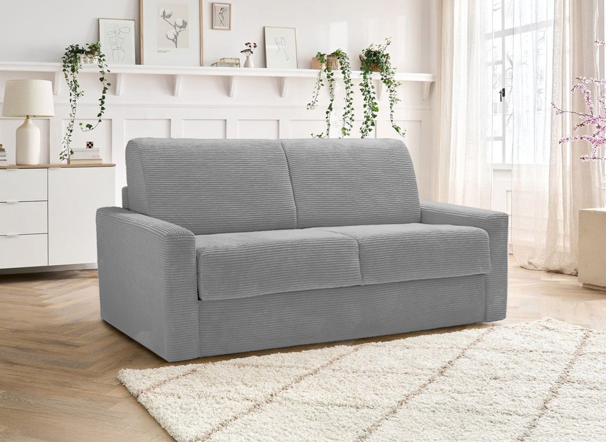 LOUNA LUXE 3-Sitzer-Schlafsofa aus hellgrauem Cord mit Expressöffnung und 18 cm Matratze