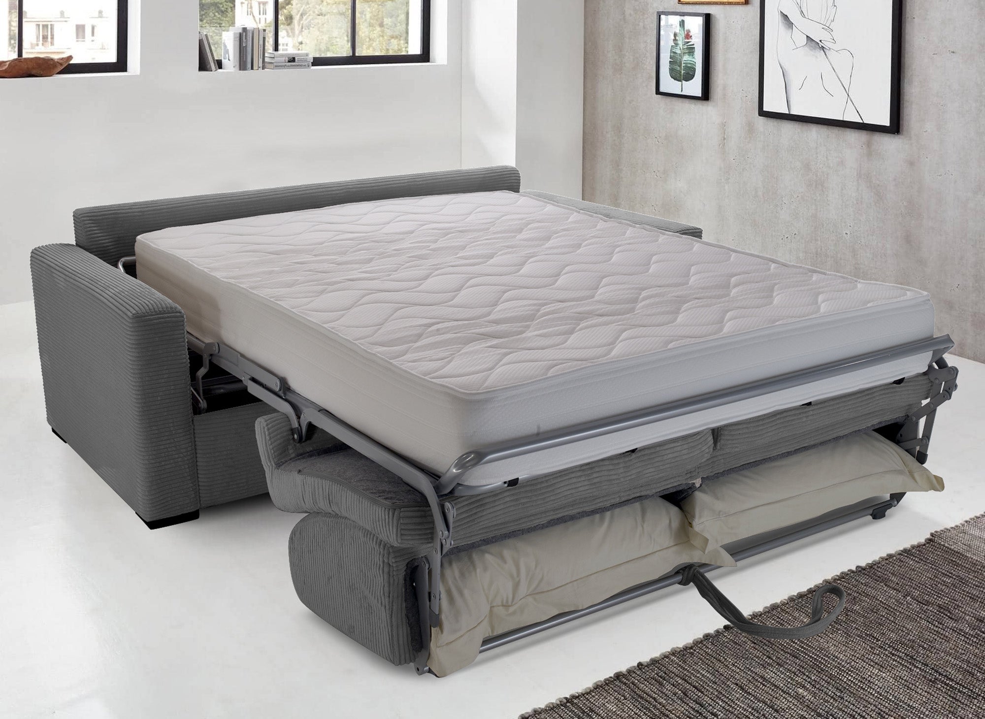 LOUNA LUXE 3-Sitzer-Schlafsofa aus dunkelgrauem Cord mit Expressöffnung und 18 cm Matratze