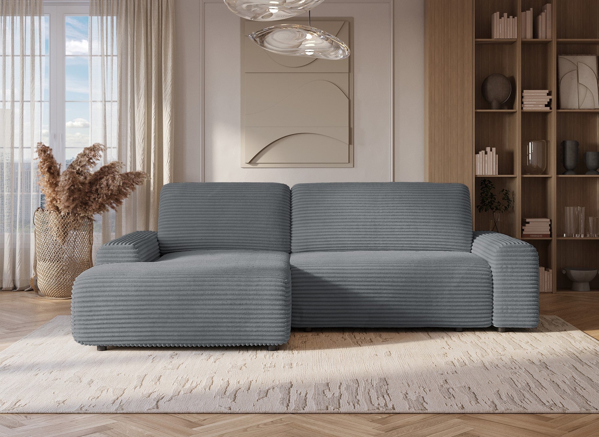 Ecksofa links mit Bettkasten aus dickem dunkelgrauem Cord BALI - Ecke links
