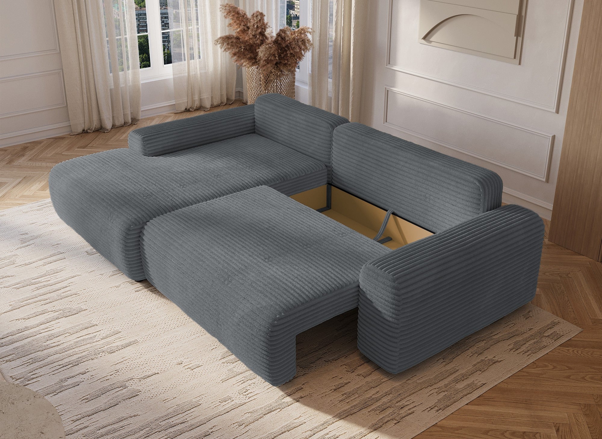 Ecksofa links mit Bettkasten aus dickem dunkelgrauem Cord BALI - Ecke links