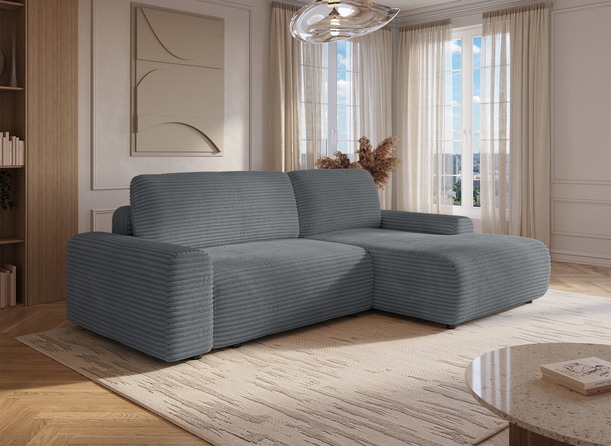 Ecksofa rechts mit Bettkasten aus dickem dunkelgrauem Cord BALI - Ecke rechts