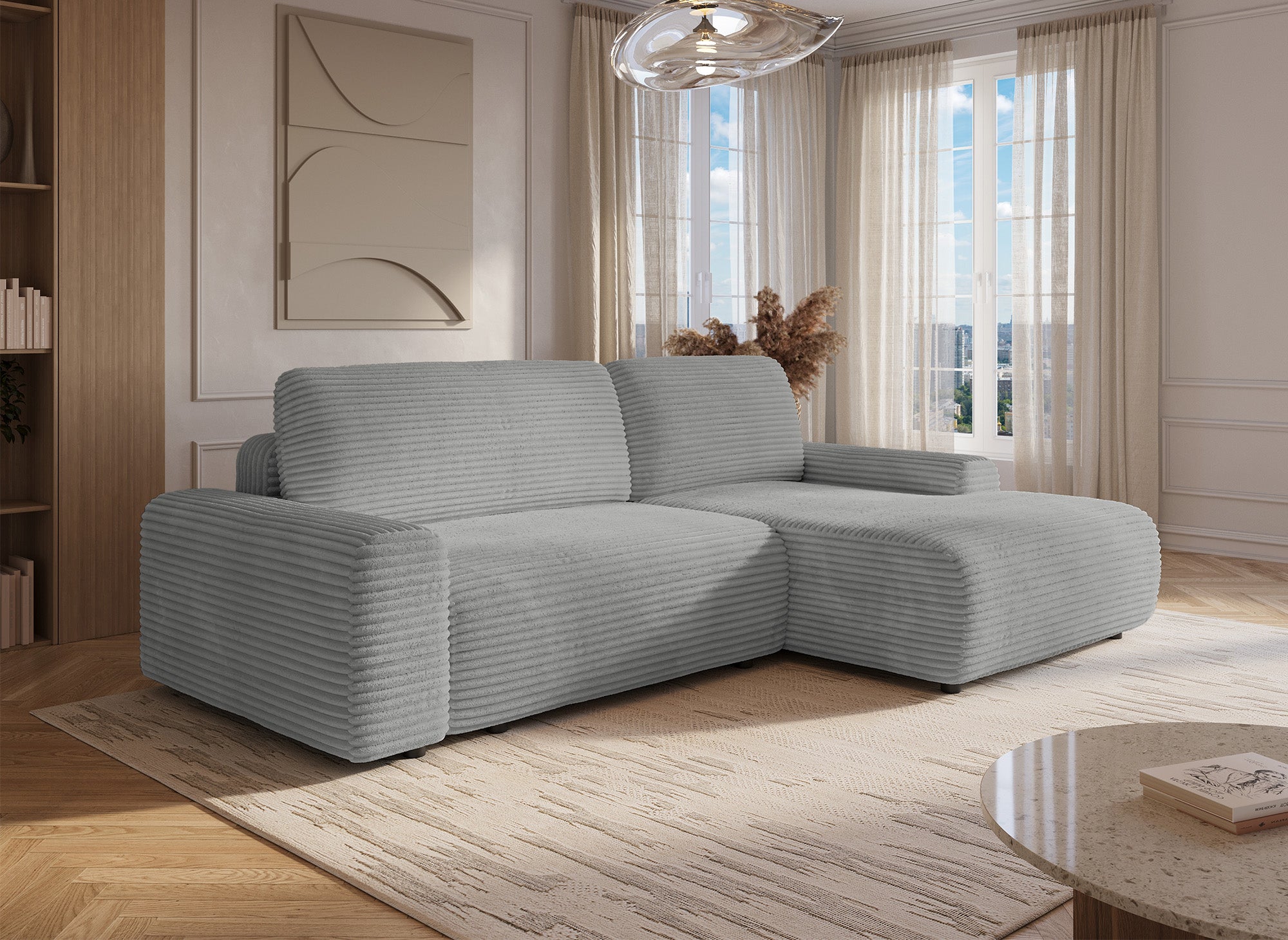 Ecksofa rechts mit Bettkasten aus dickem hellgrauem Cord BALI - Ecke rechts