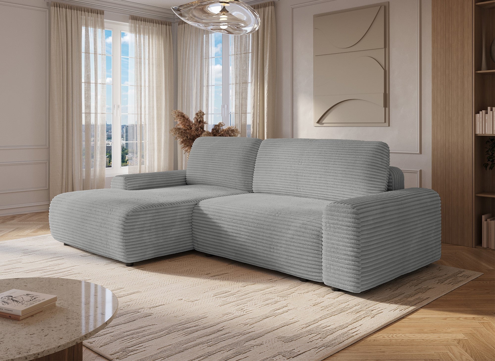 Ecksofa links mit Bettkasten aus dickem hellgrauem Cord BALI - Ecke links