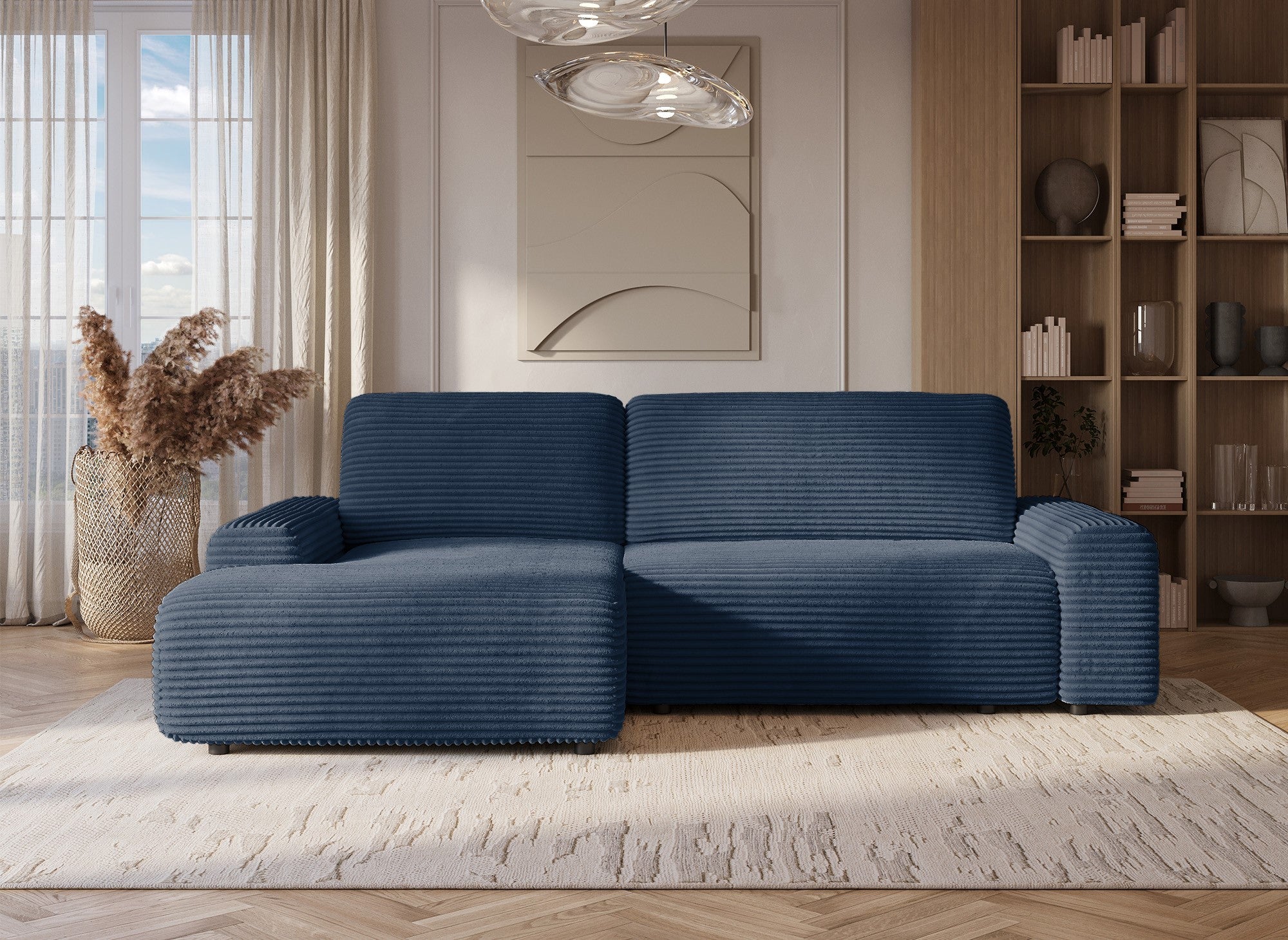 Ecksofa links mit Bettkasten aus dickem dunkelblauem Cord BALI - Ecke links