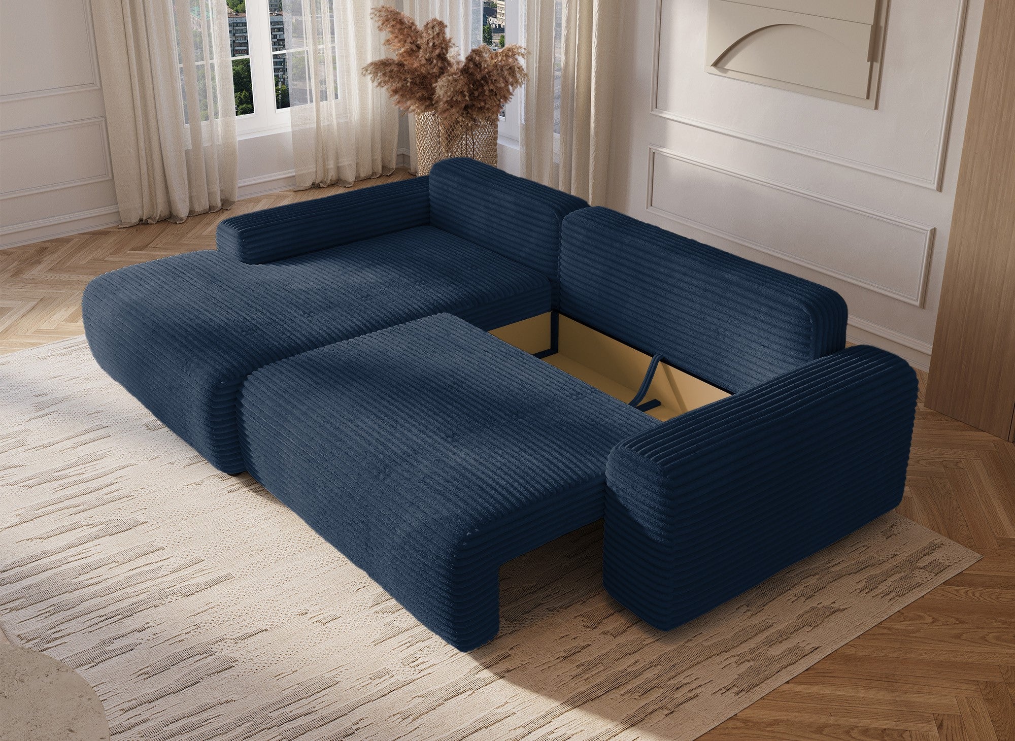 Ecksofa links mit Bettkasten aus dickem dunkelblauem Cord BALI - Ecke links