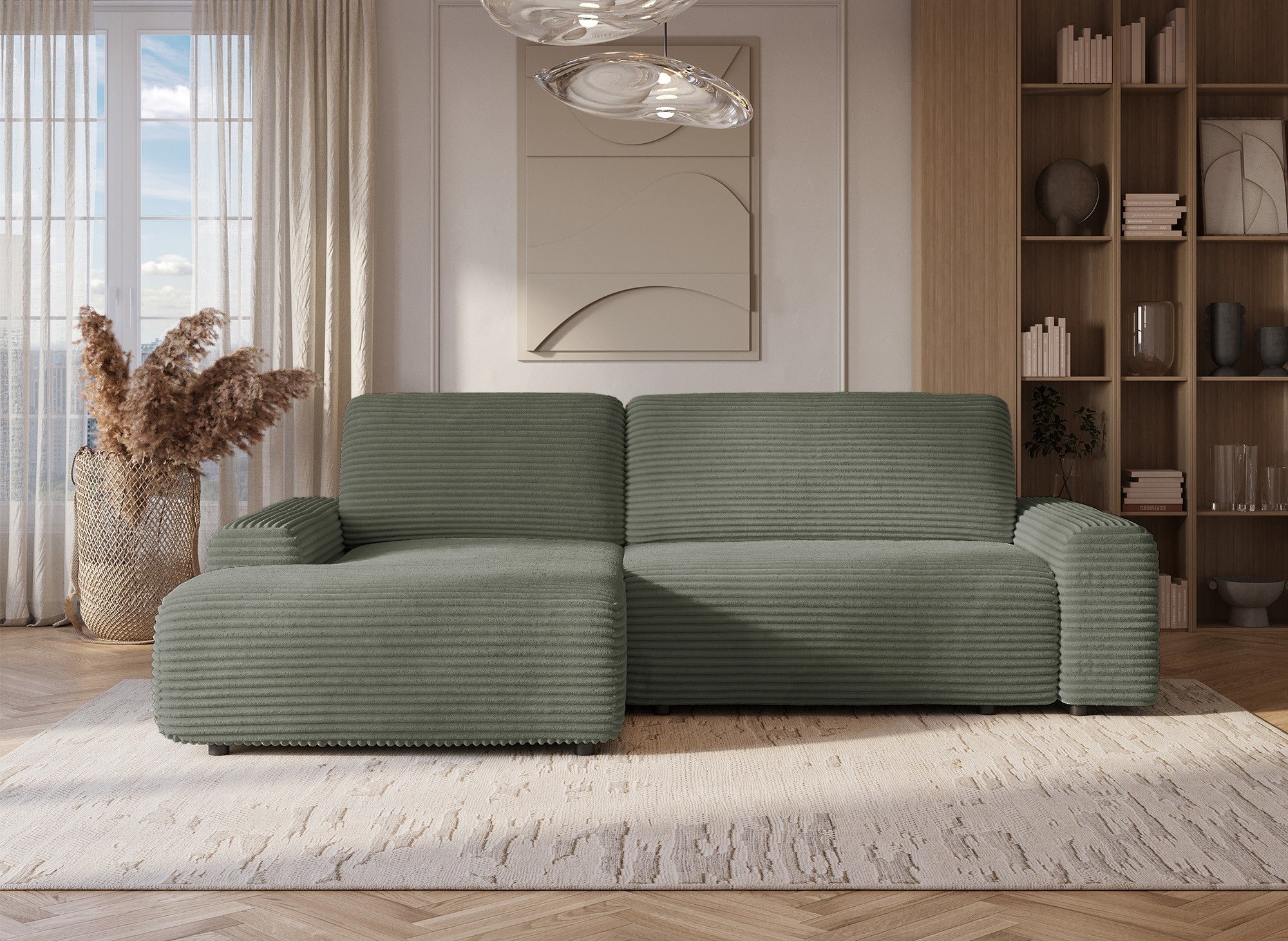 Ecksofa links mit Bettkasten aus dickem khakigrünem Cord BALI - Ecke links