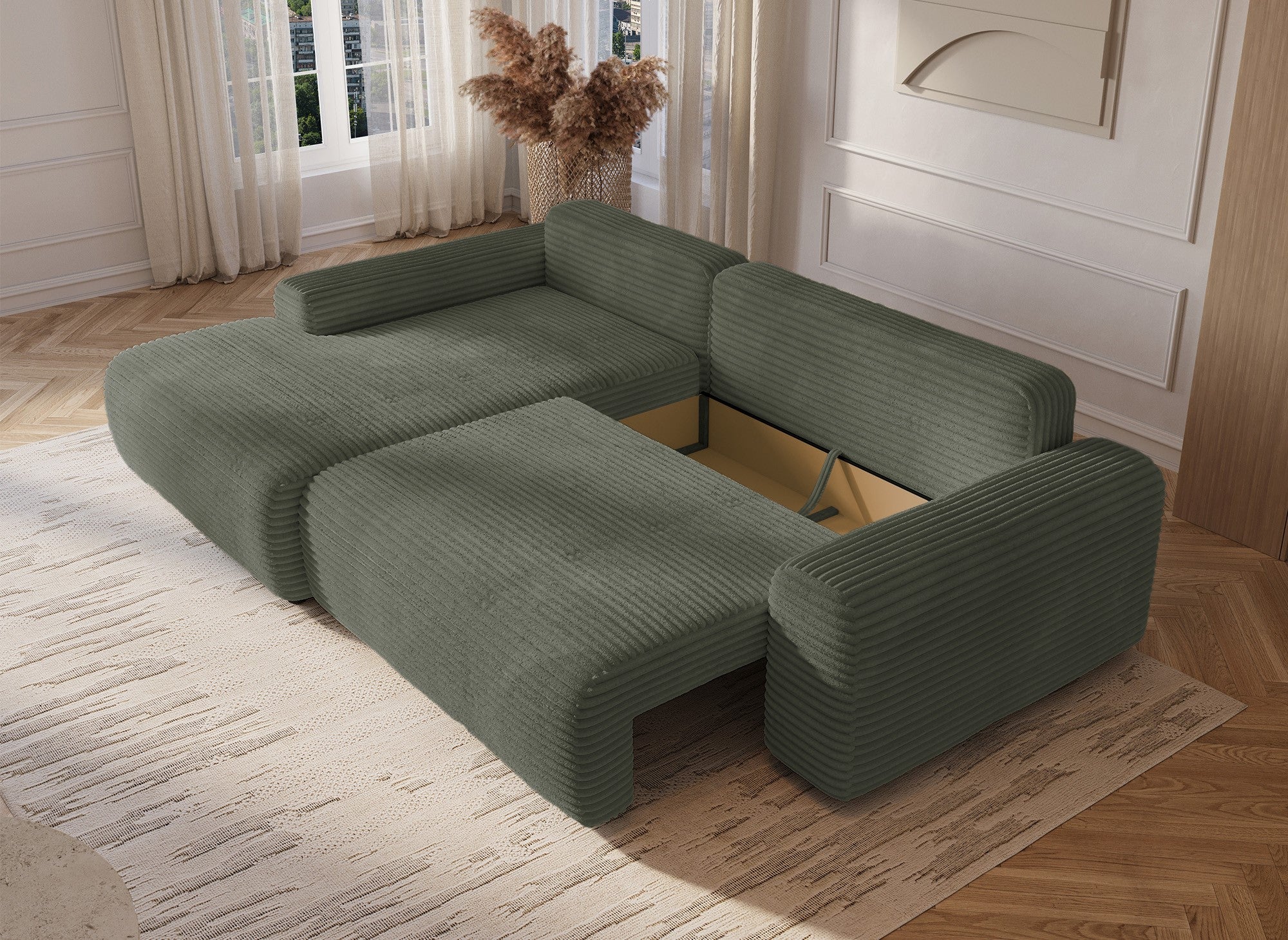 Ecksofa links mit Bettkasten aus dickem khakigrünem Cord BALI - Ecke links