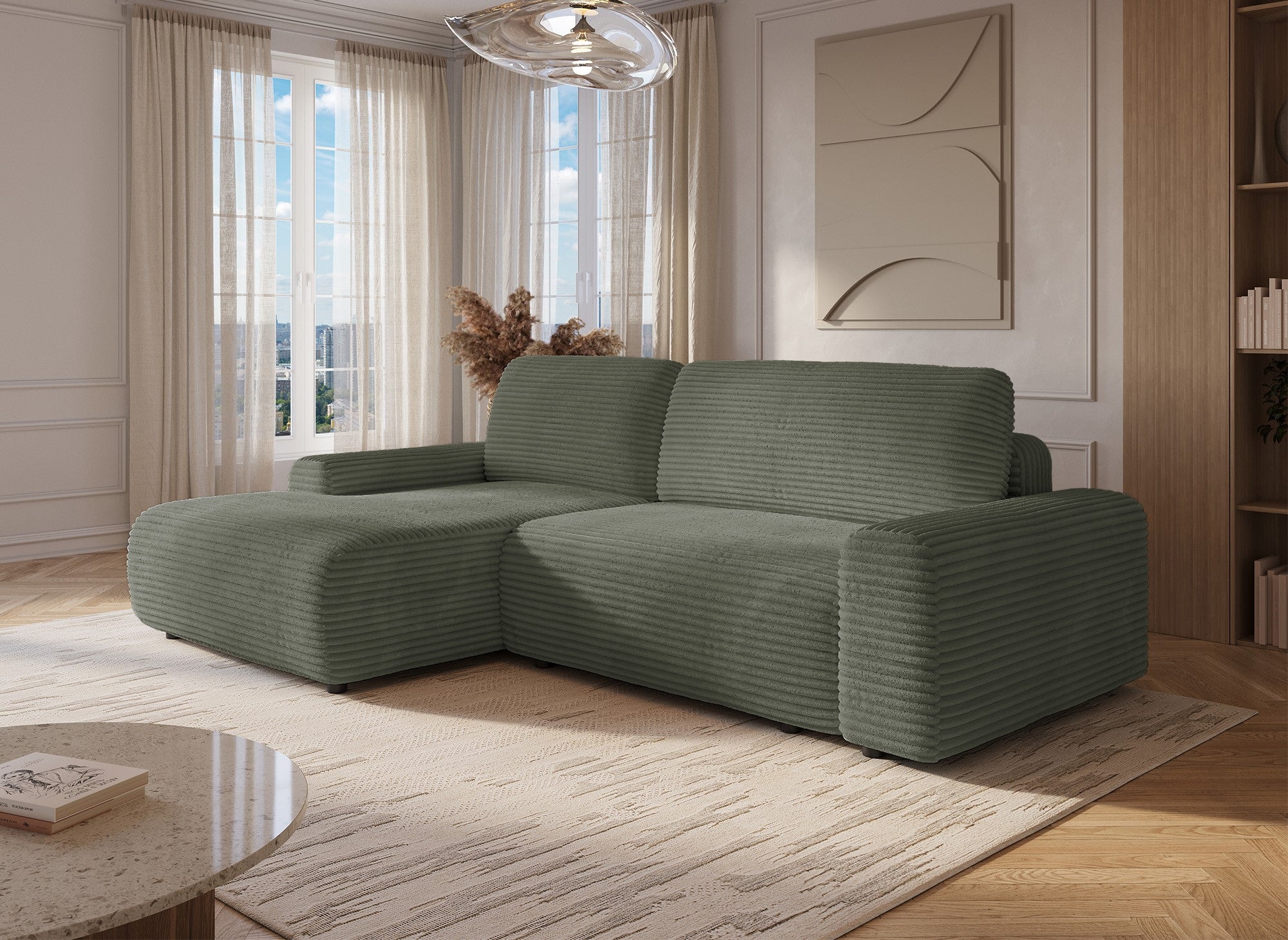Ecksofa links mit Bettkasten aus dickem khakigrünem Cord BALI - Ecke links