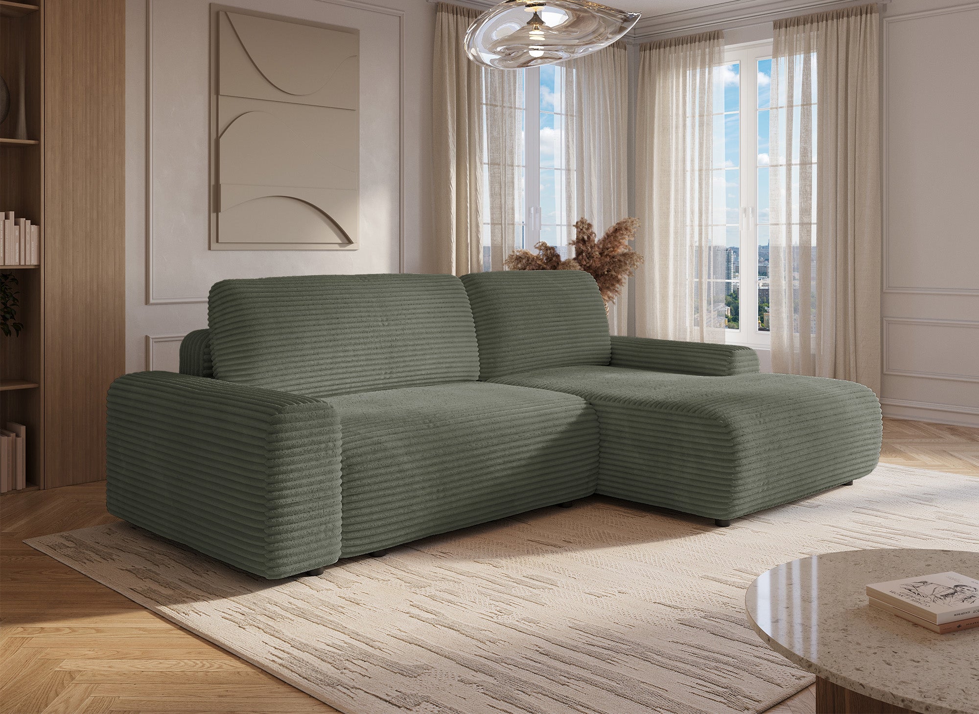 Ecksofa rechts mit Bettkasten aus dickem khakigrünem Cord BALI - Ecke rechts