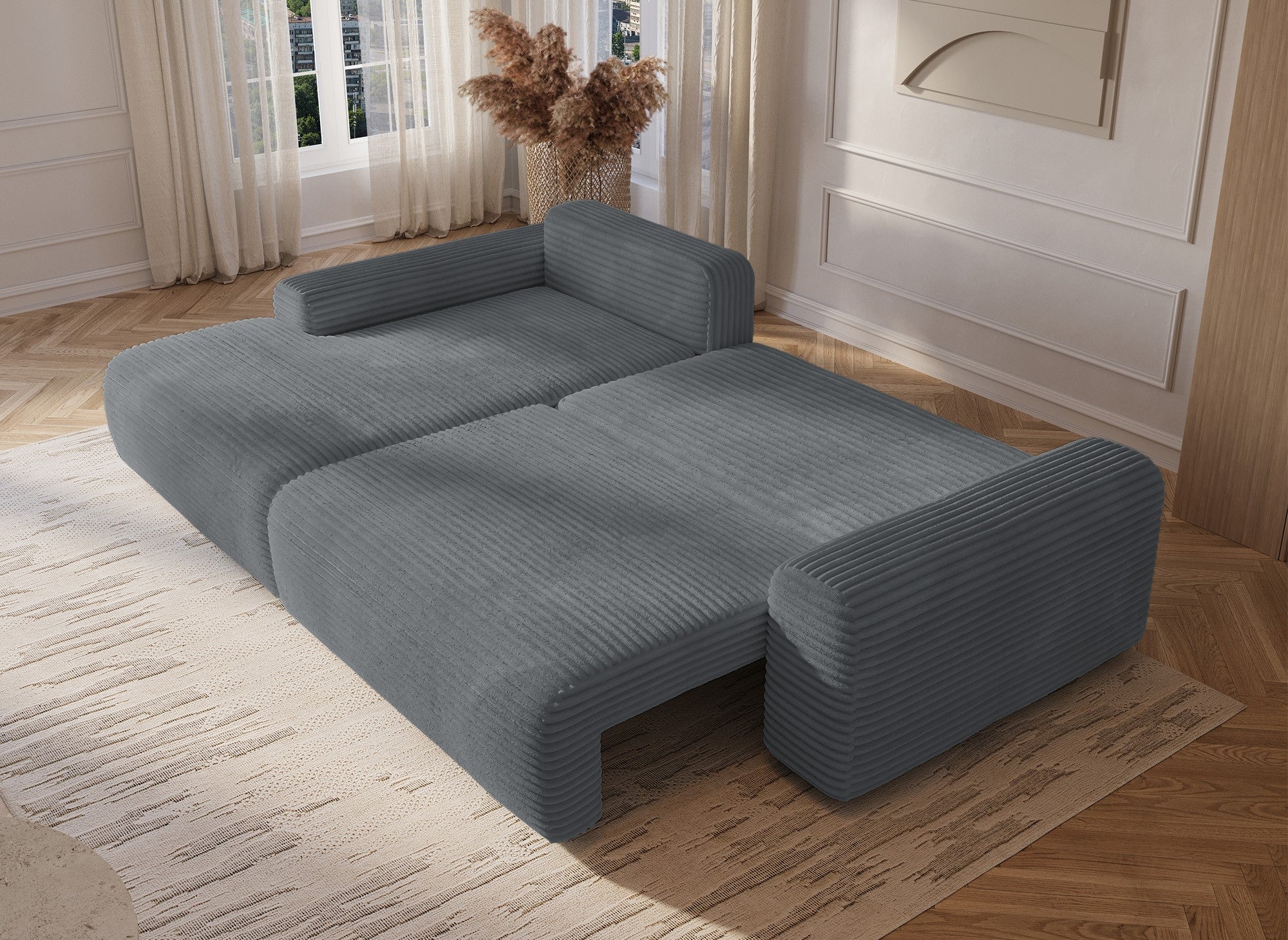 Ecksofa links mit Bettkasten aus dickem dunkelgrauem Cord BALI - Ecke links