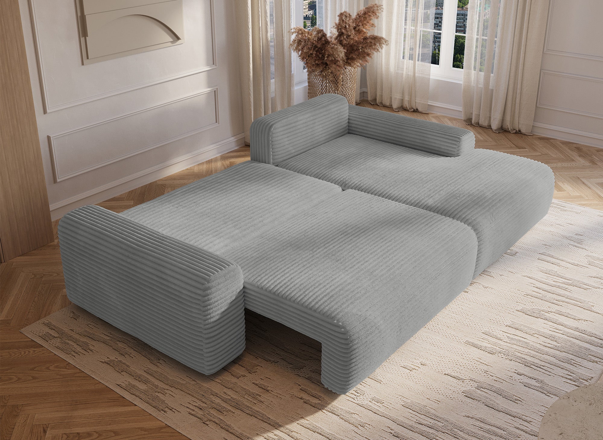 Ecksofa rechts mit Bettkasten aus dickem hellgrauem Cord BALI - Ecke rechts