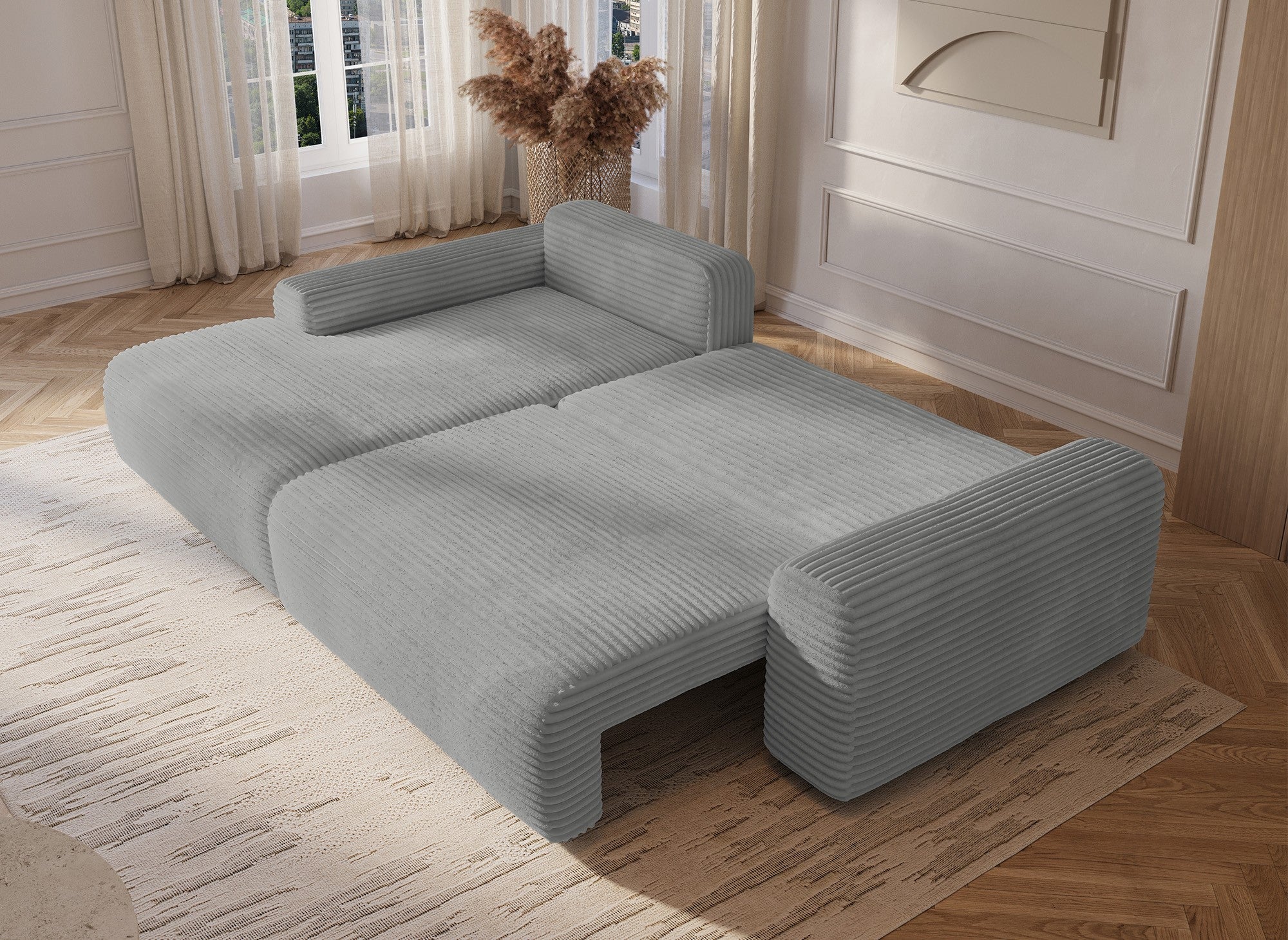 Ecksofa links mit Bettkasten aus dickem hellgrauem Cord BALI - Ecke links