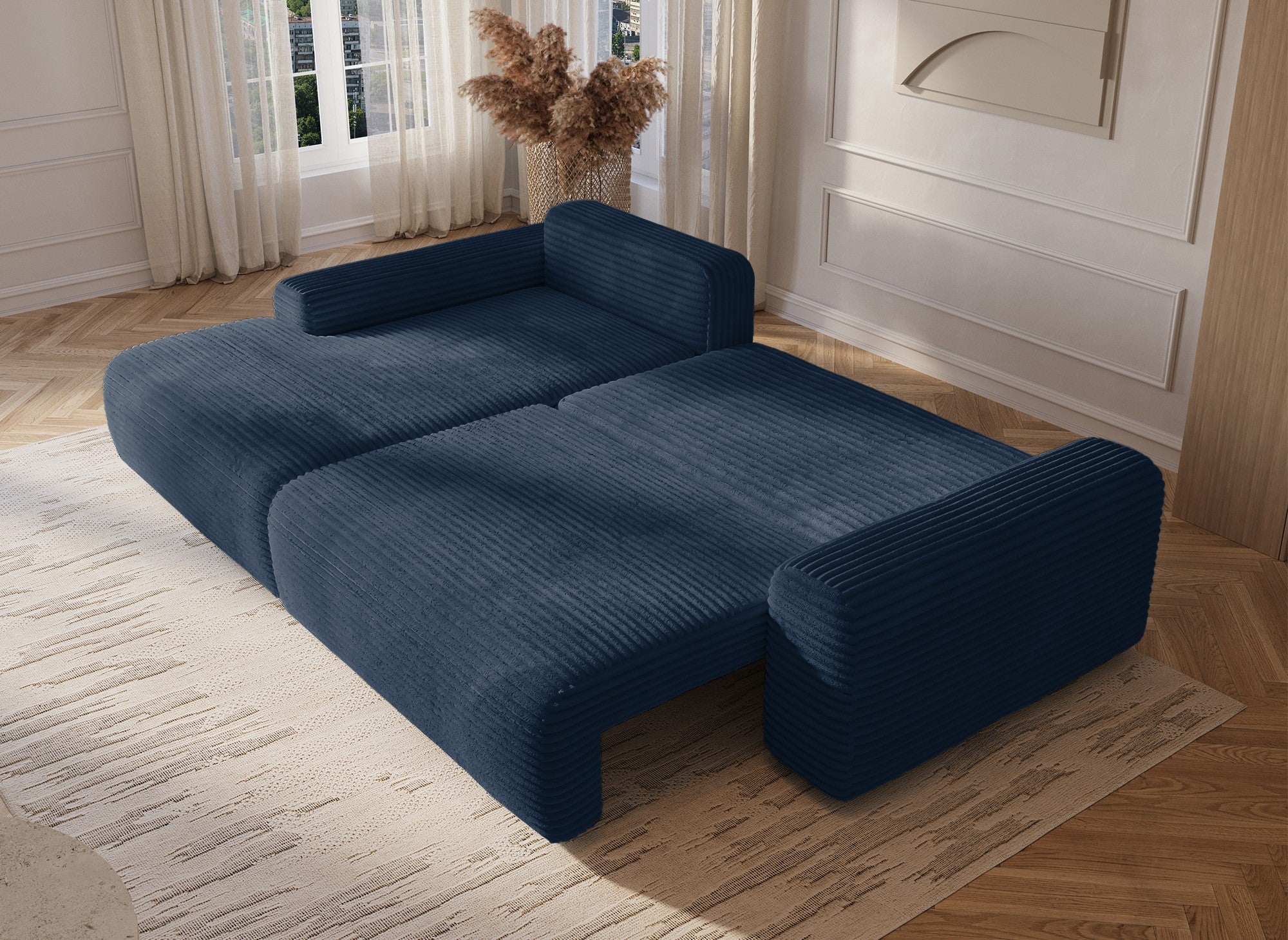 Ecksofa links mit Bettkasten aus dickem dunkelblauem Cord BALI - Ecke links