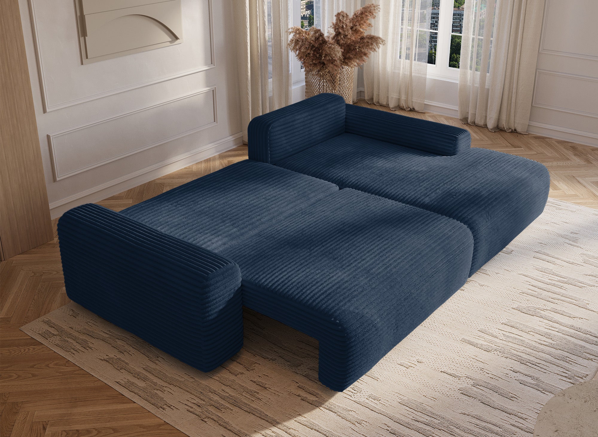 Ecksofa rechts mit Bettkasten aus dickem dunkelblauem Cord BALI - Ecke rechts