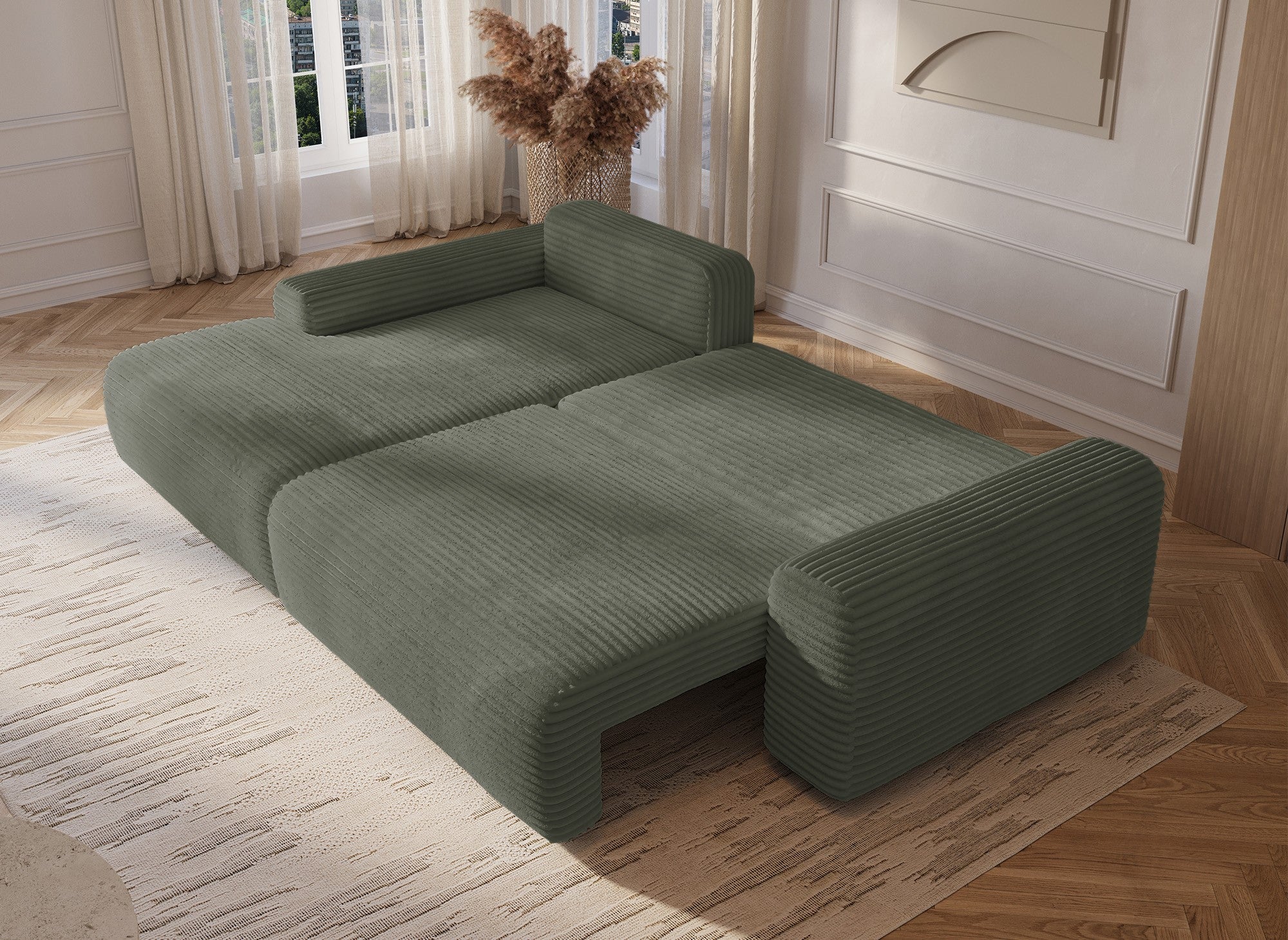 Ecksofa links mit Bettkasten aus dickem khakigrünem Cord BALI - Ecke links