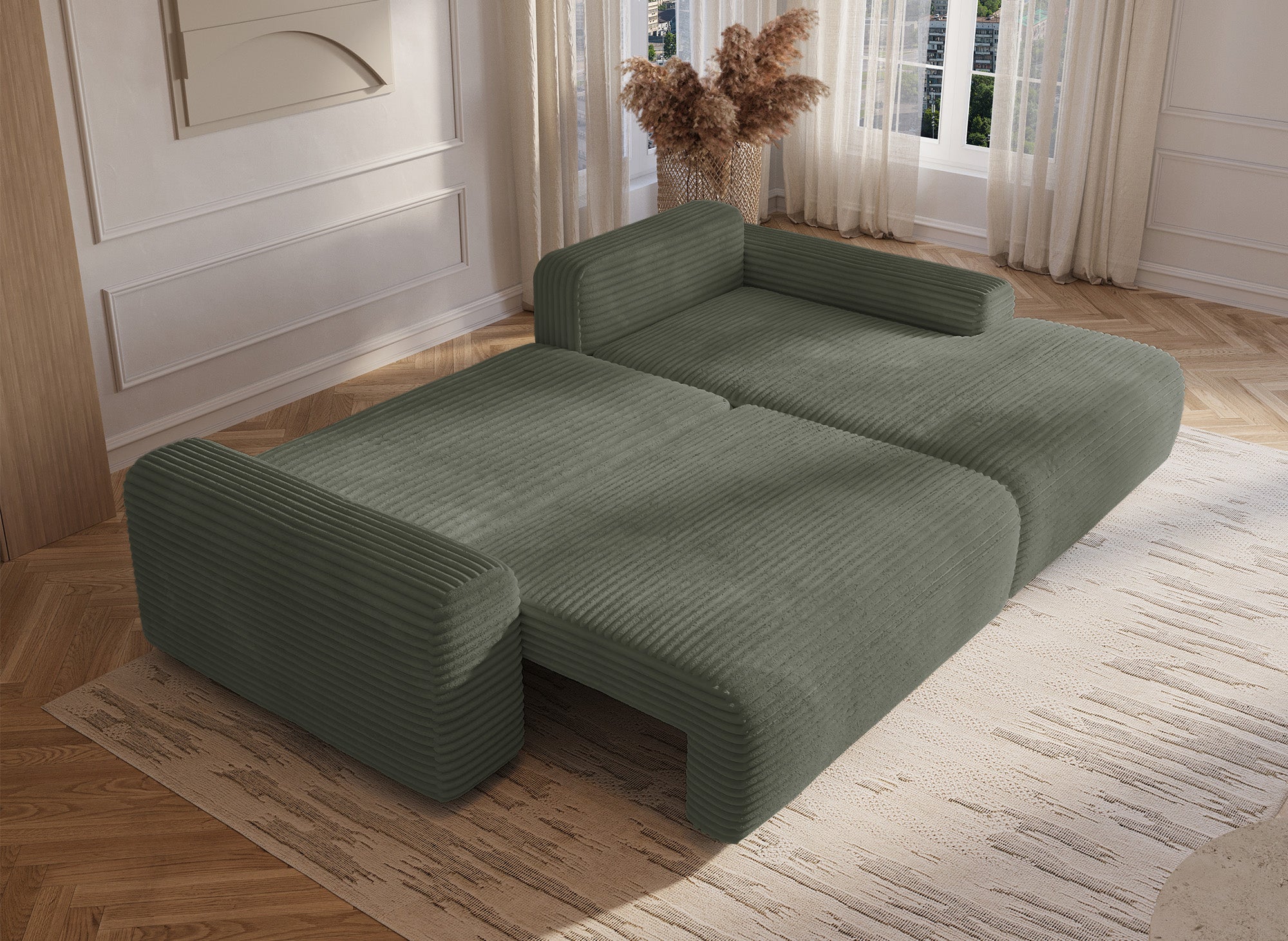 Ecksofa rechts mit Bettkasten aus dickem khakigrünem Cord BALI - Ecke rechts