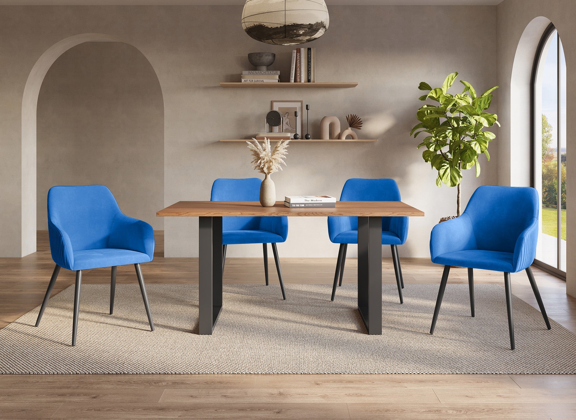 2er-Set blaue Samtstühle mit schwarzen Metallbeinen DEVOR