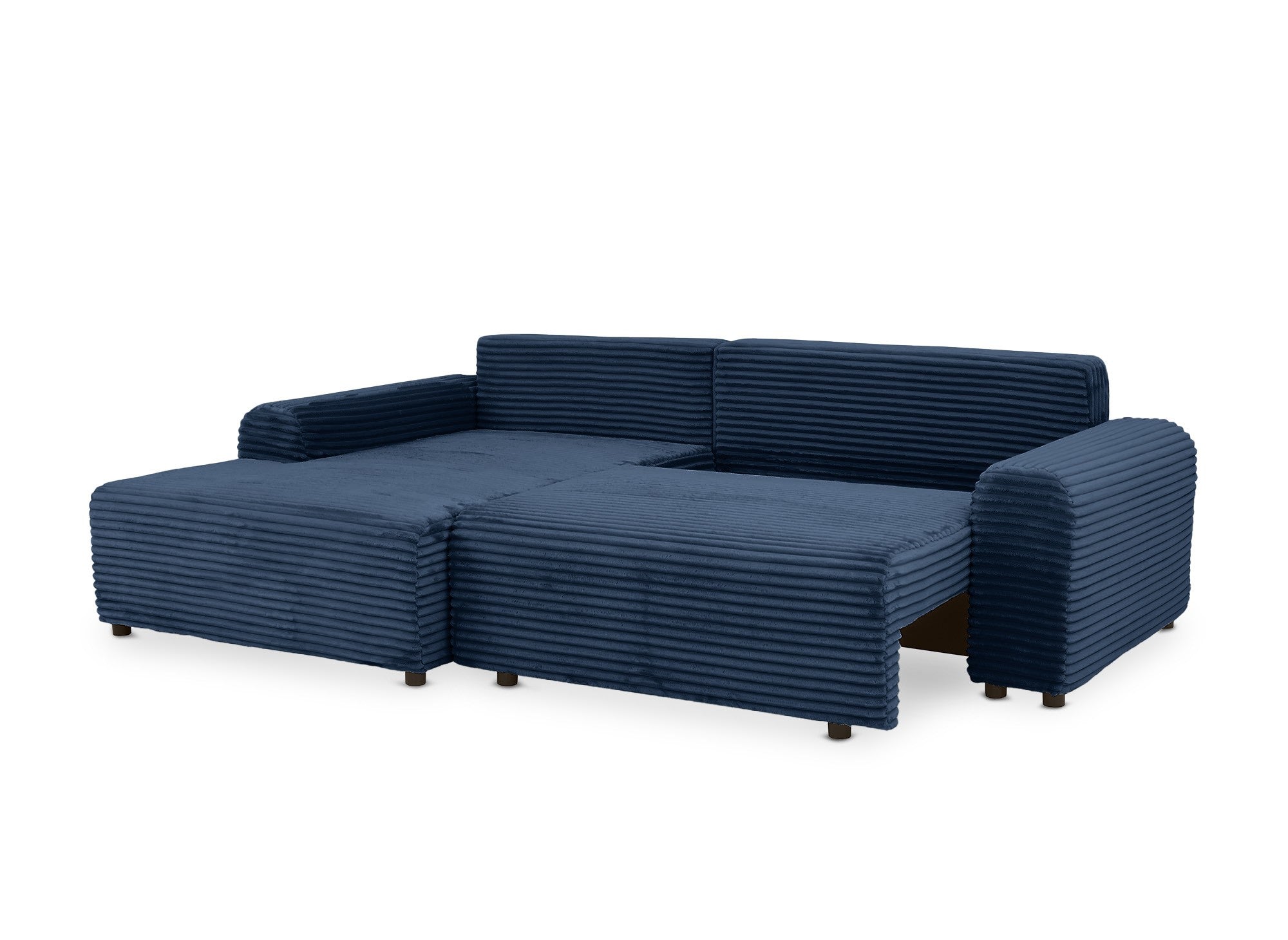 Ecksofa links mit Bettkasten aus dickem dunkelblauem Cord BALI - Ecke links