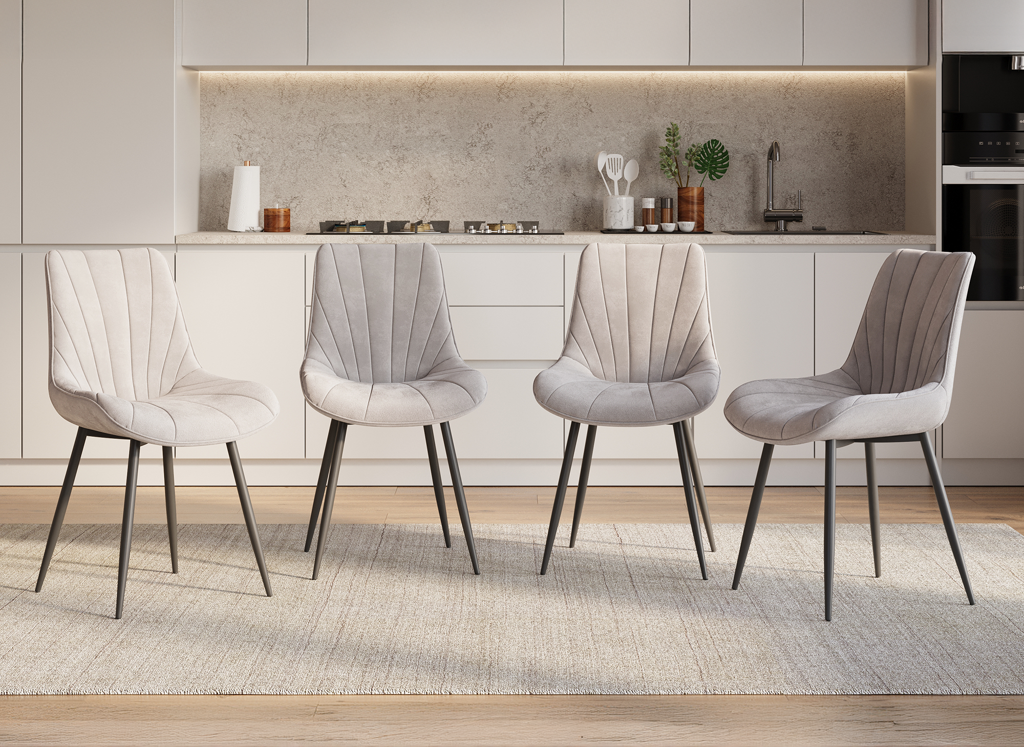 4er-Set beiger Designer-Samtstuhl ELOVA